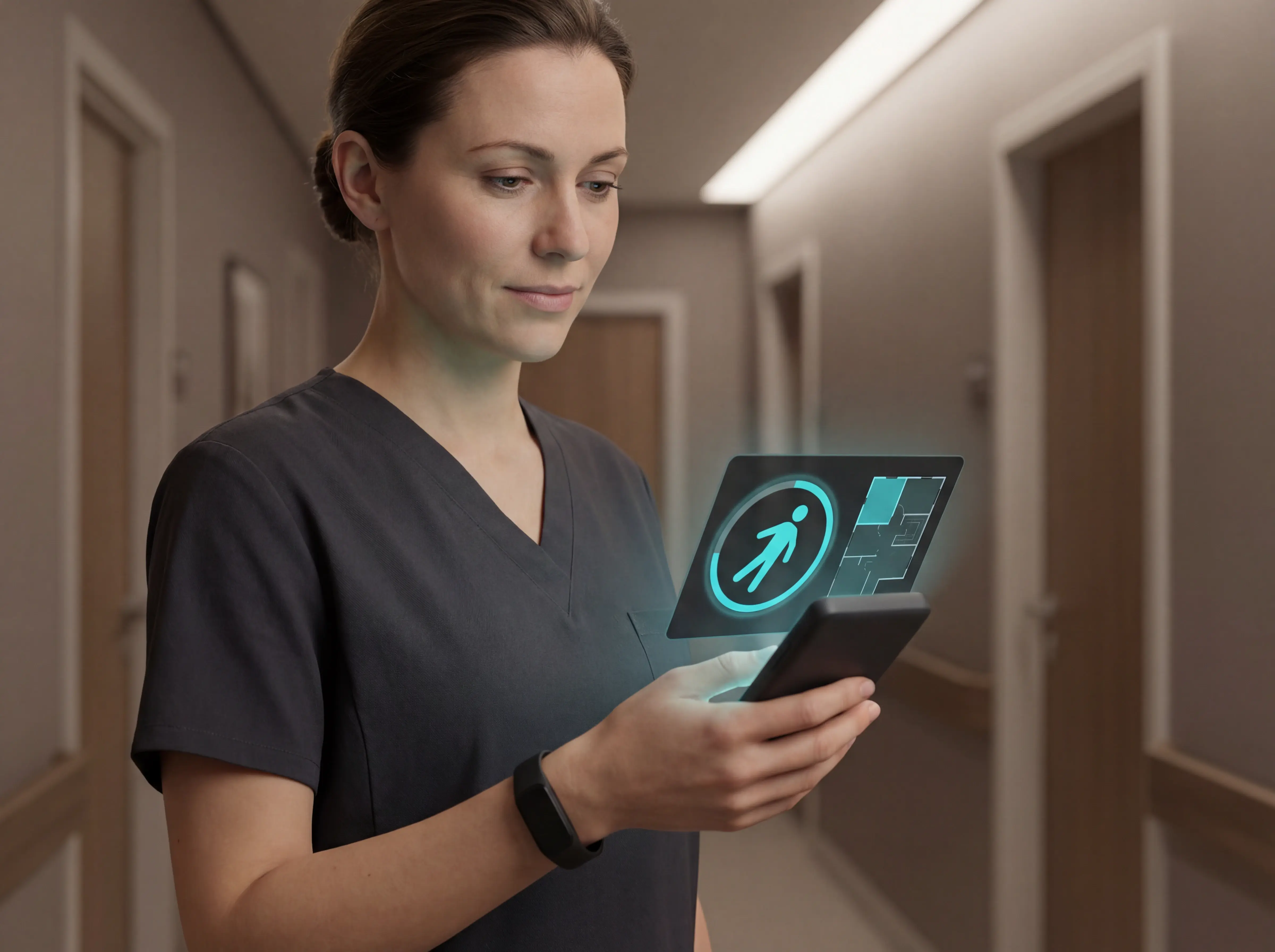 Fall detection alert on a phone with the resident’s location on a floor plan