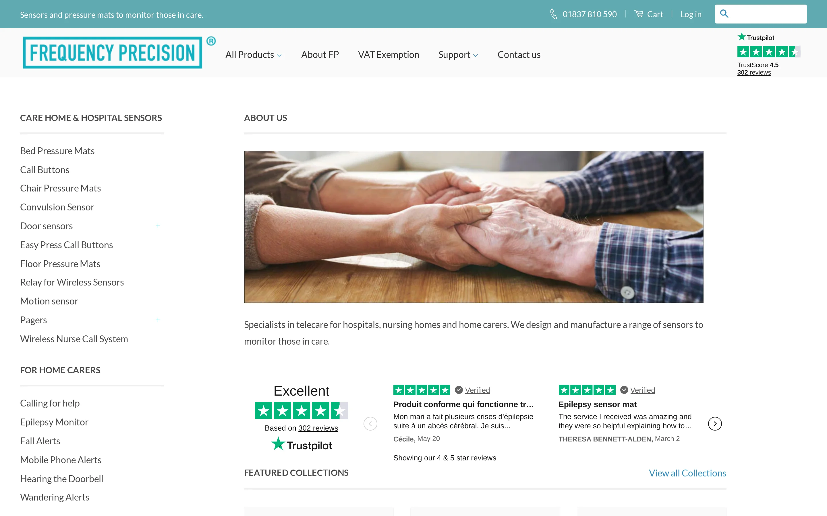 Frequency Precision homepage showing telecare sensors and nurse call accessories