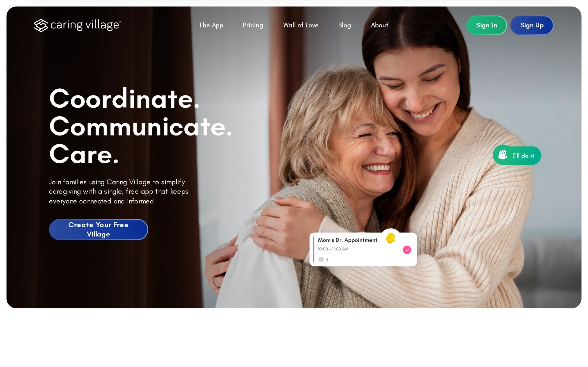 Caring Village official product page showing the app's shared family calendar, care tasks and private update feed
