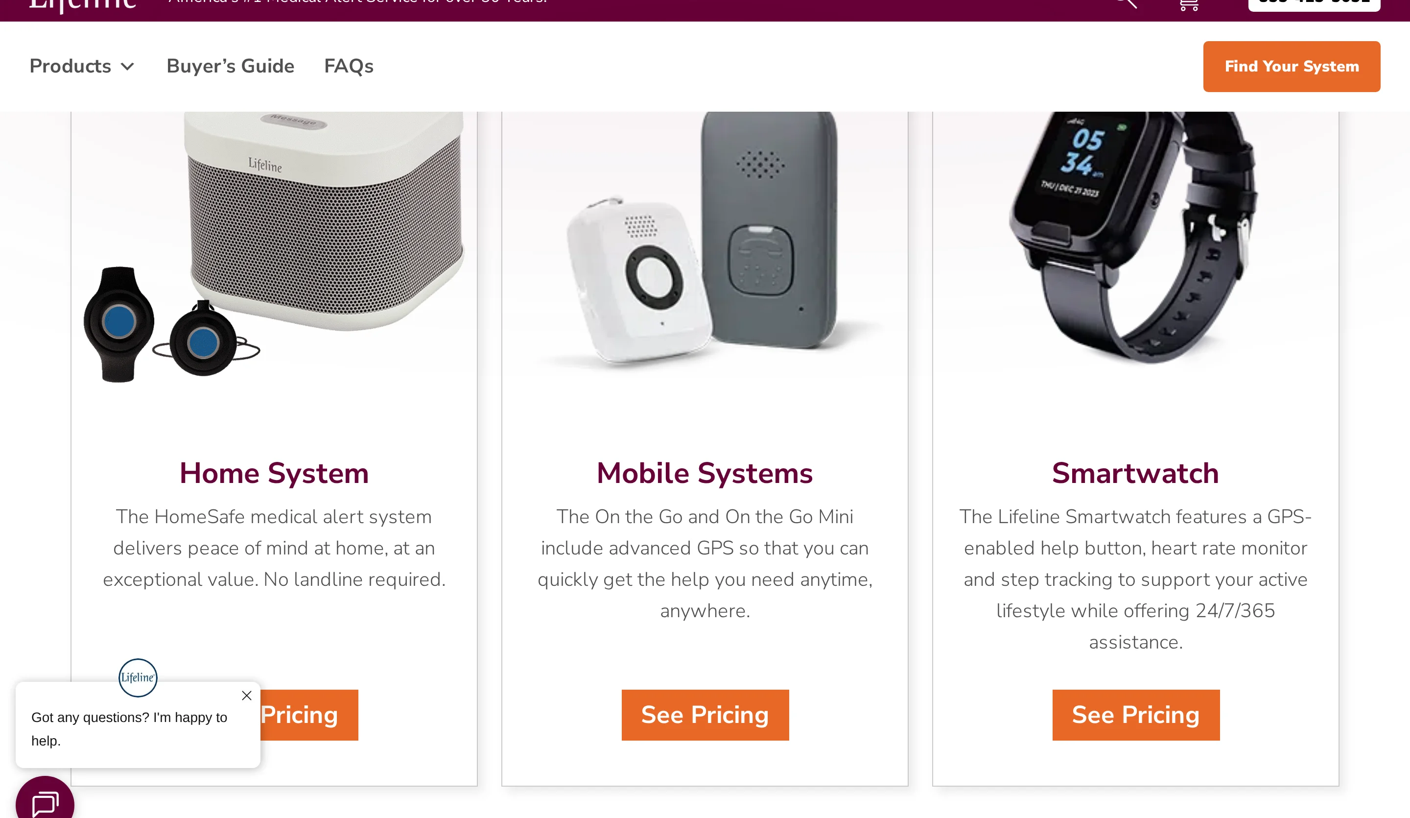 Lifeline landing page showing its medical alert product lineup