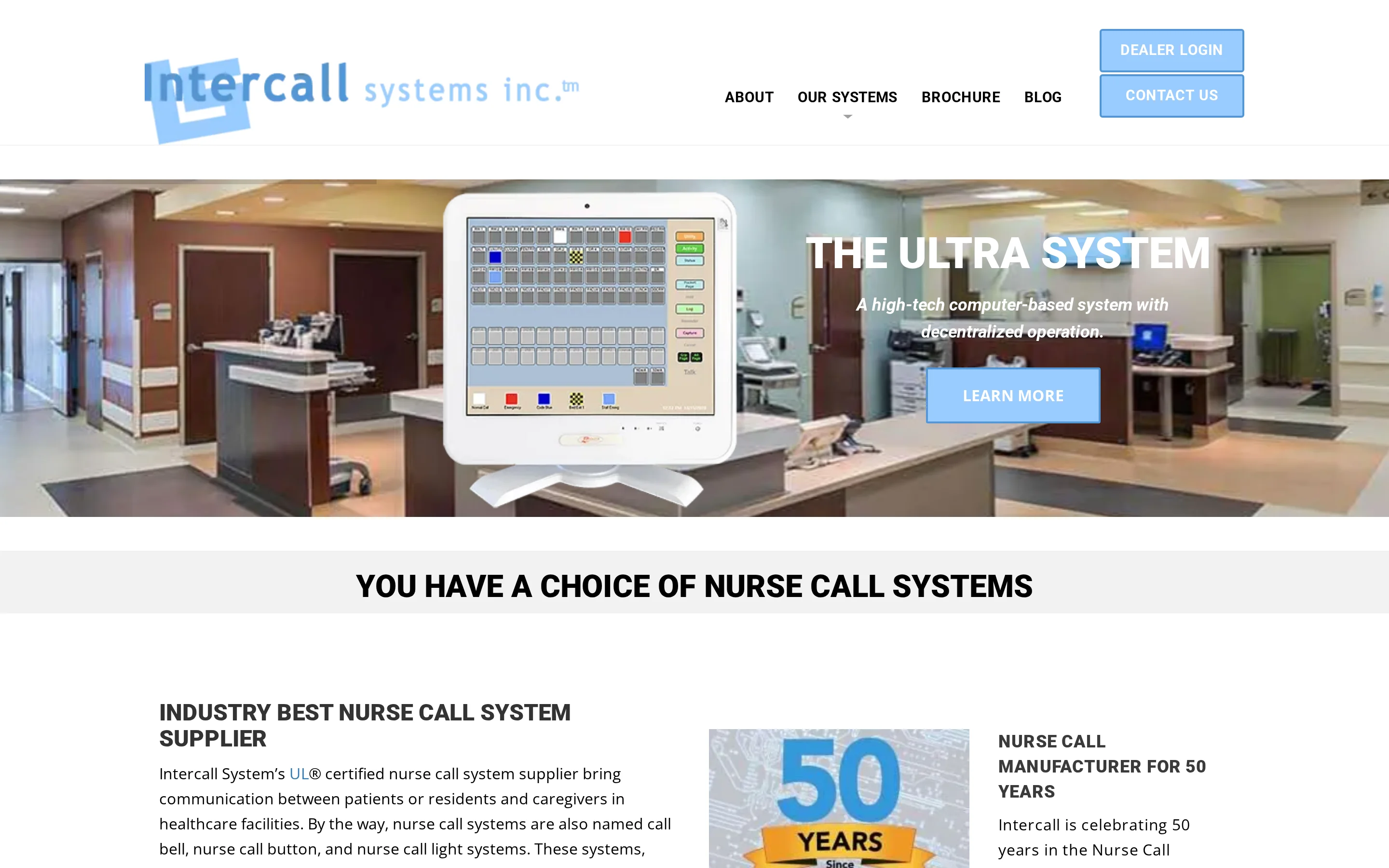 Intercall Systems homepage showing wired nurse call system positioning