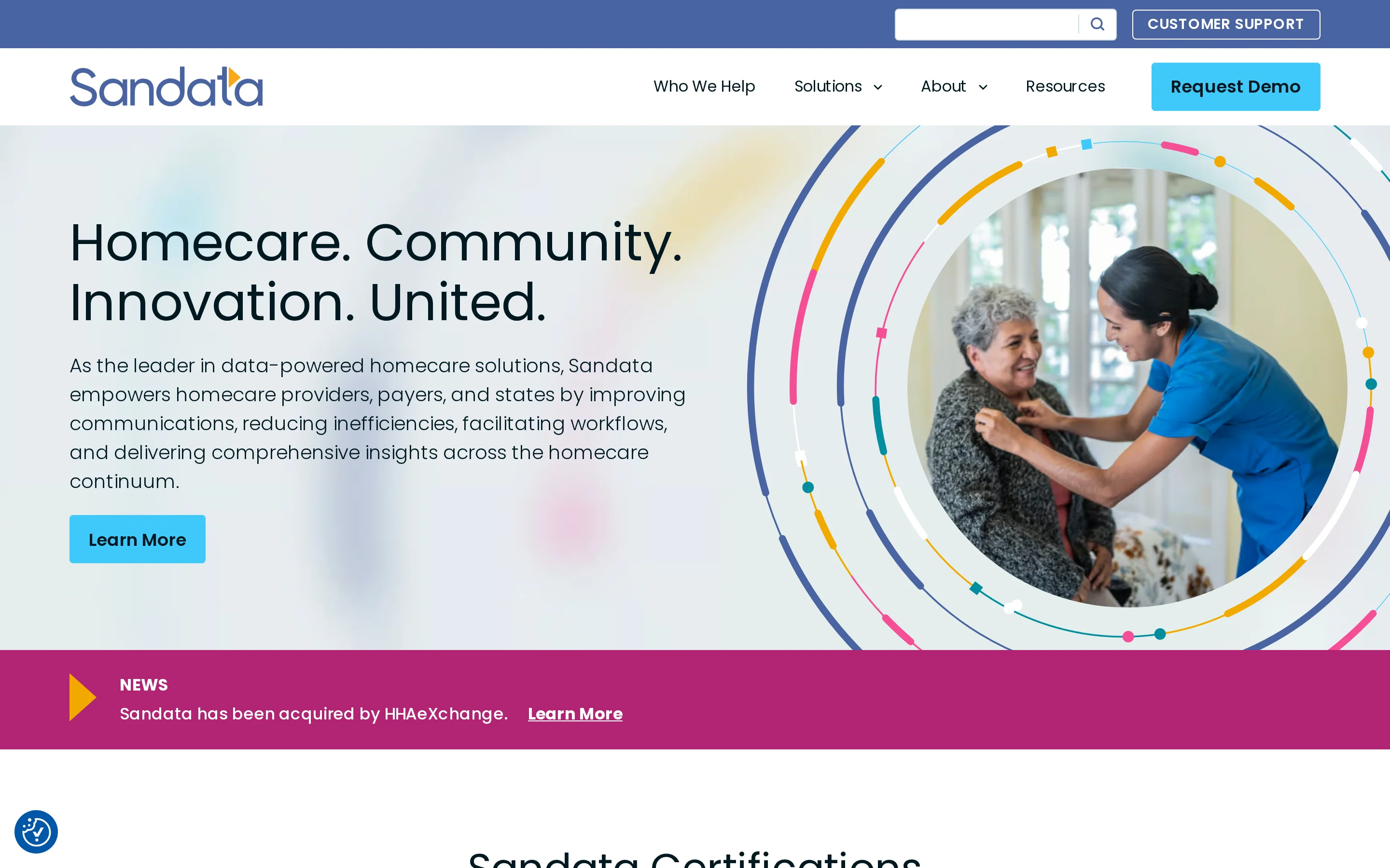 Screenshot of the Sandata website homepage, presenting its electronic visit verification and Medicaid compliance data prod...