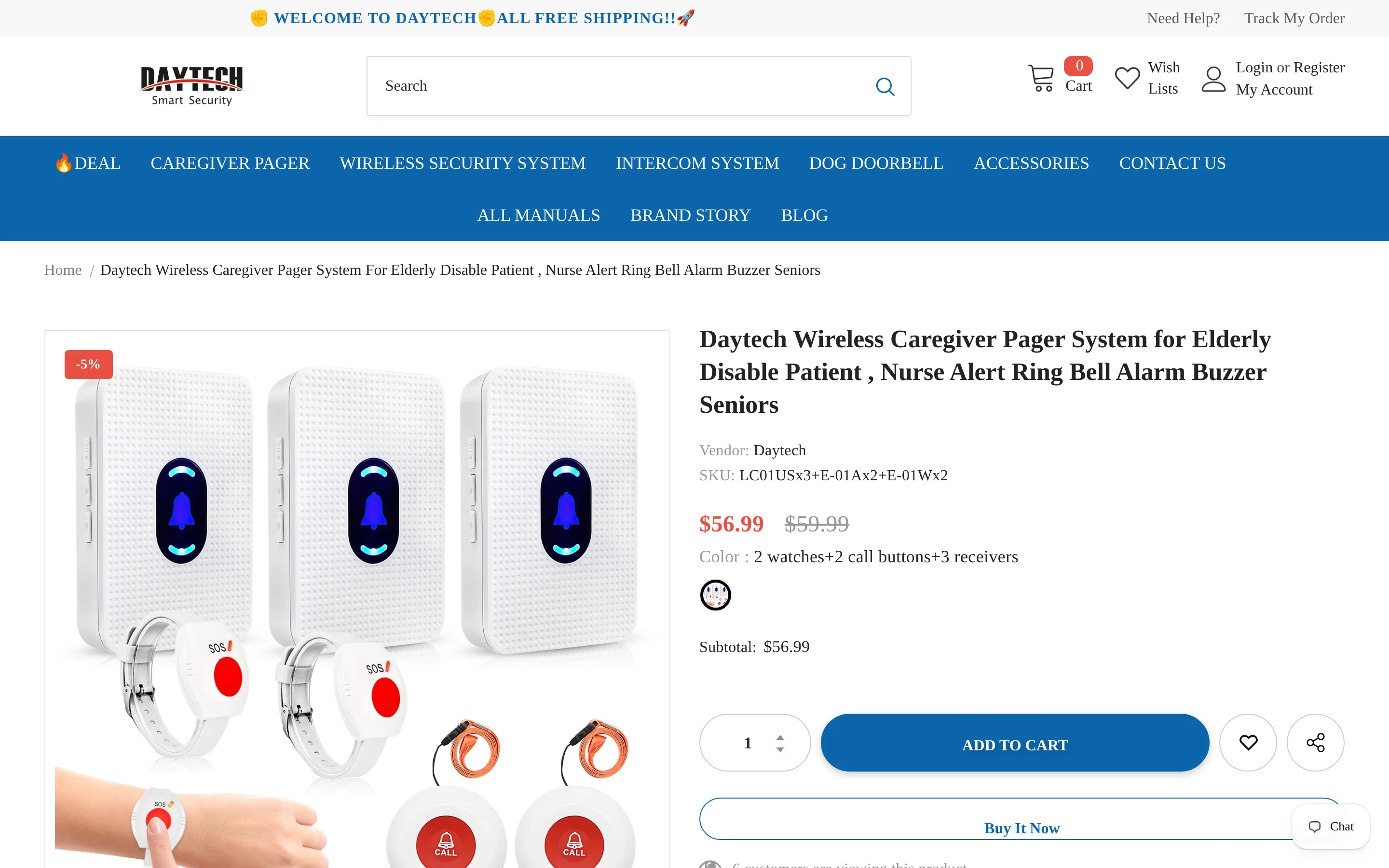 Daytech wireless caregiver pager product page showing the call buttons and receivers