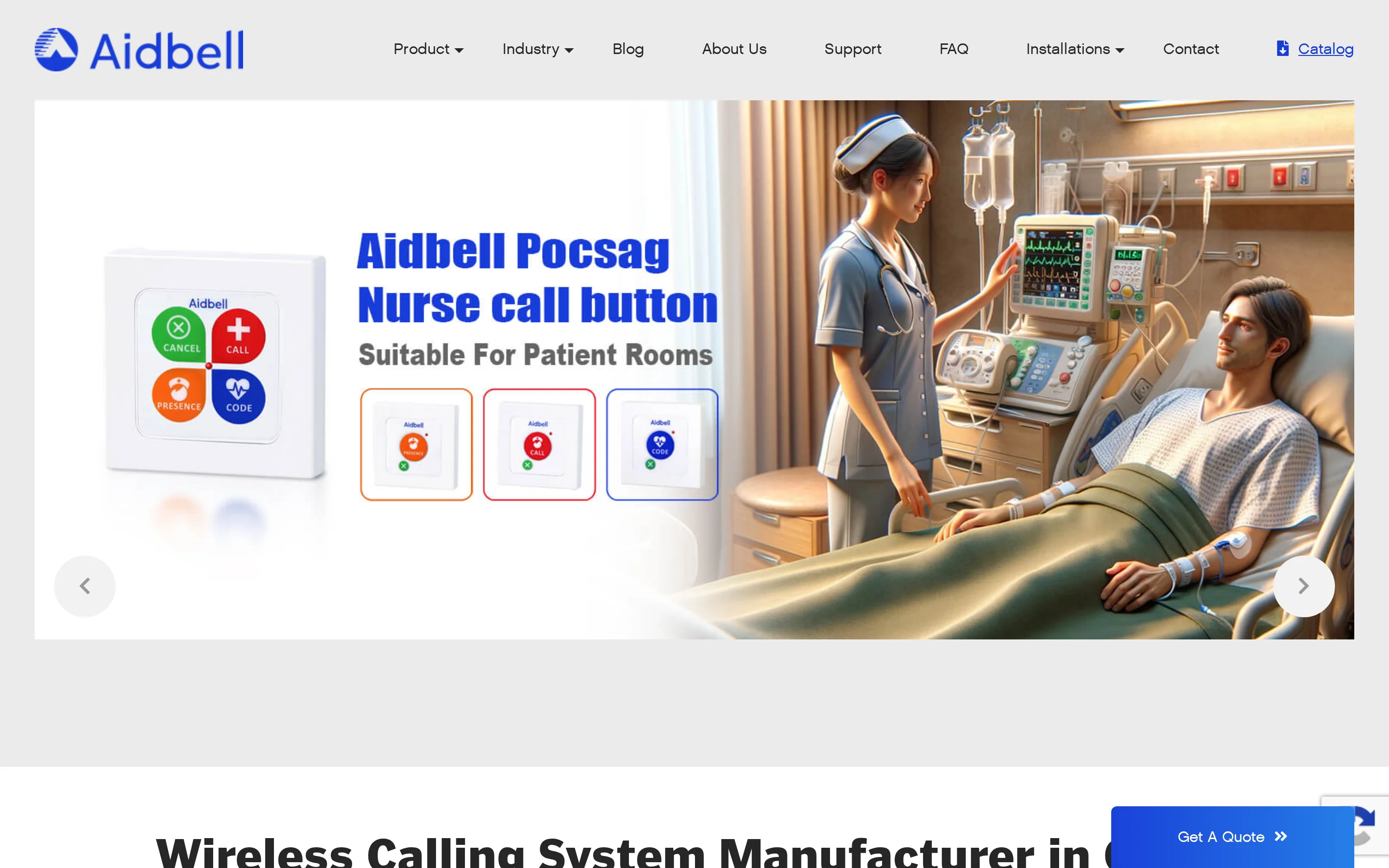 Aidbell homepage showing wireless calling system product positioning