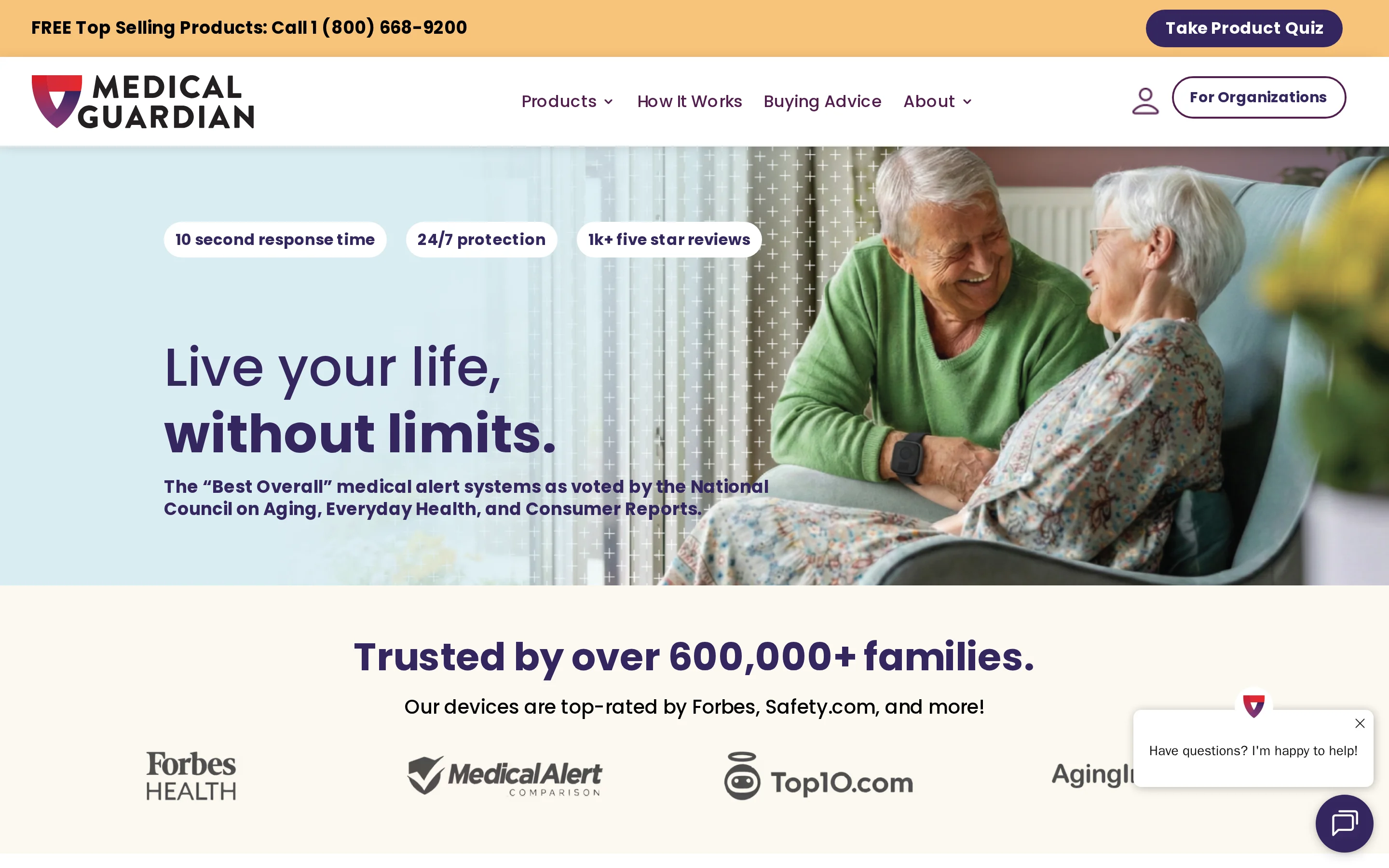 Medical Guardian landing page showing its wrist-worn medical alert device