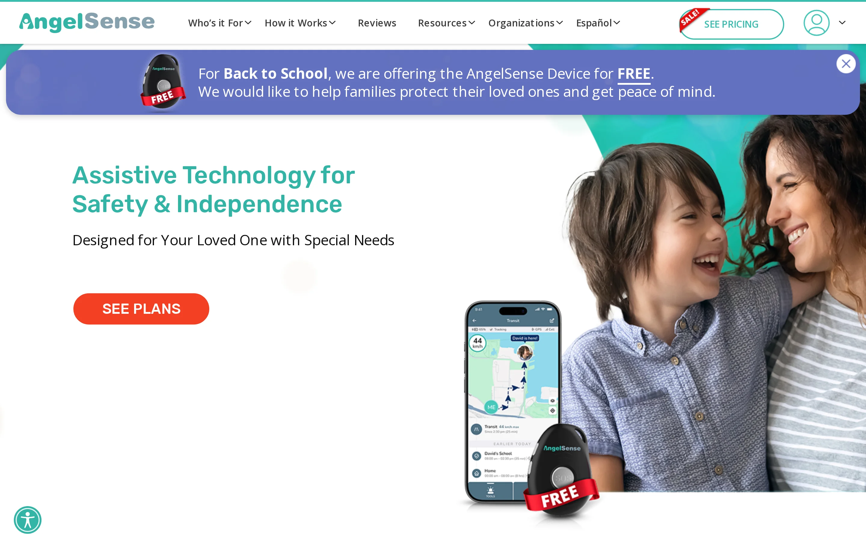 AngelSense official product page showing its dedicated wearable GPS tracker alongside the caregiver location and alerts in...