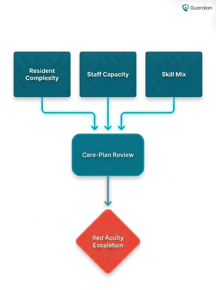 Care-planning flow showing how changes in resident complexity, staff capacity, and skill mix trigger review and red acuity...