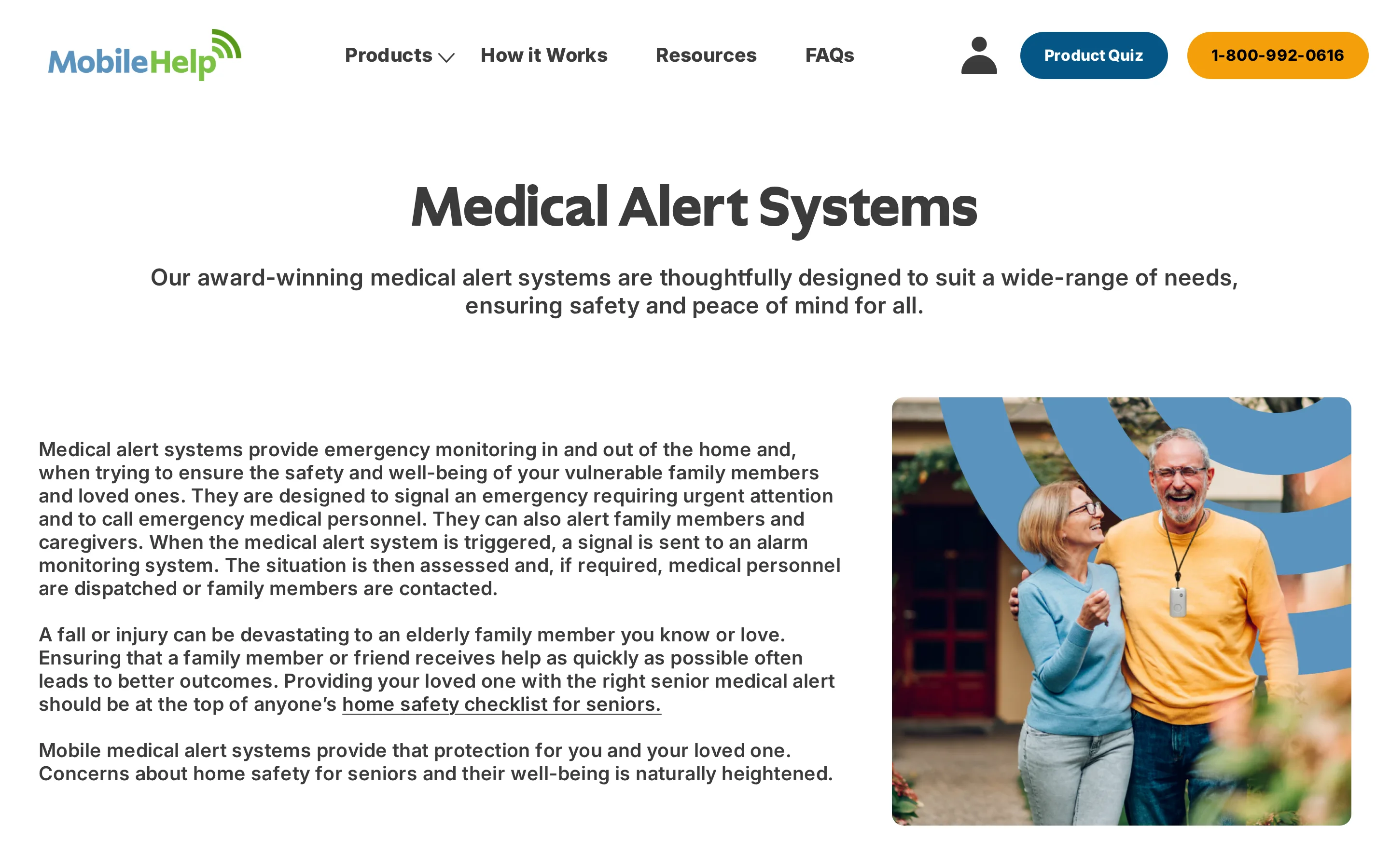 MobileHelp page showing its medical alert system lineup