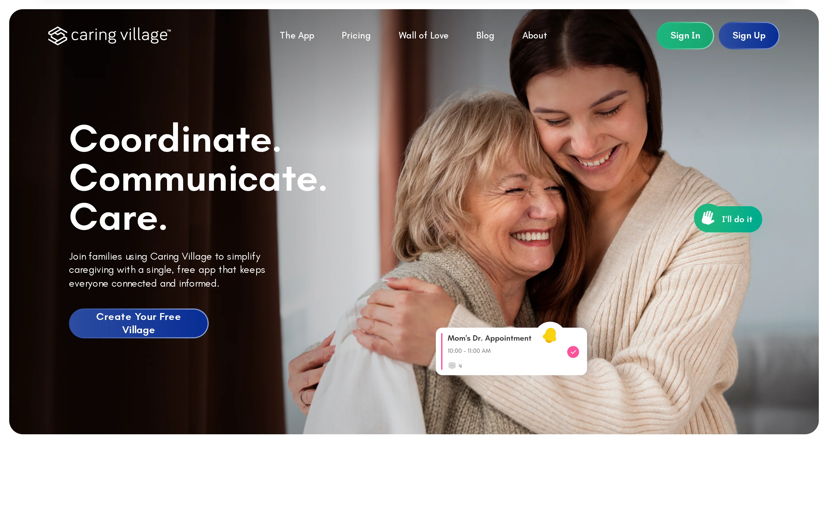 Caring Village official product page showing the app's shared family calendar, care tasks and private update feed