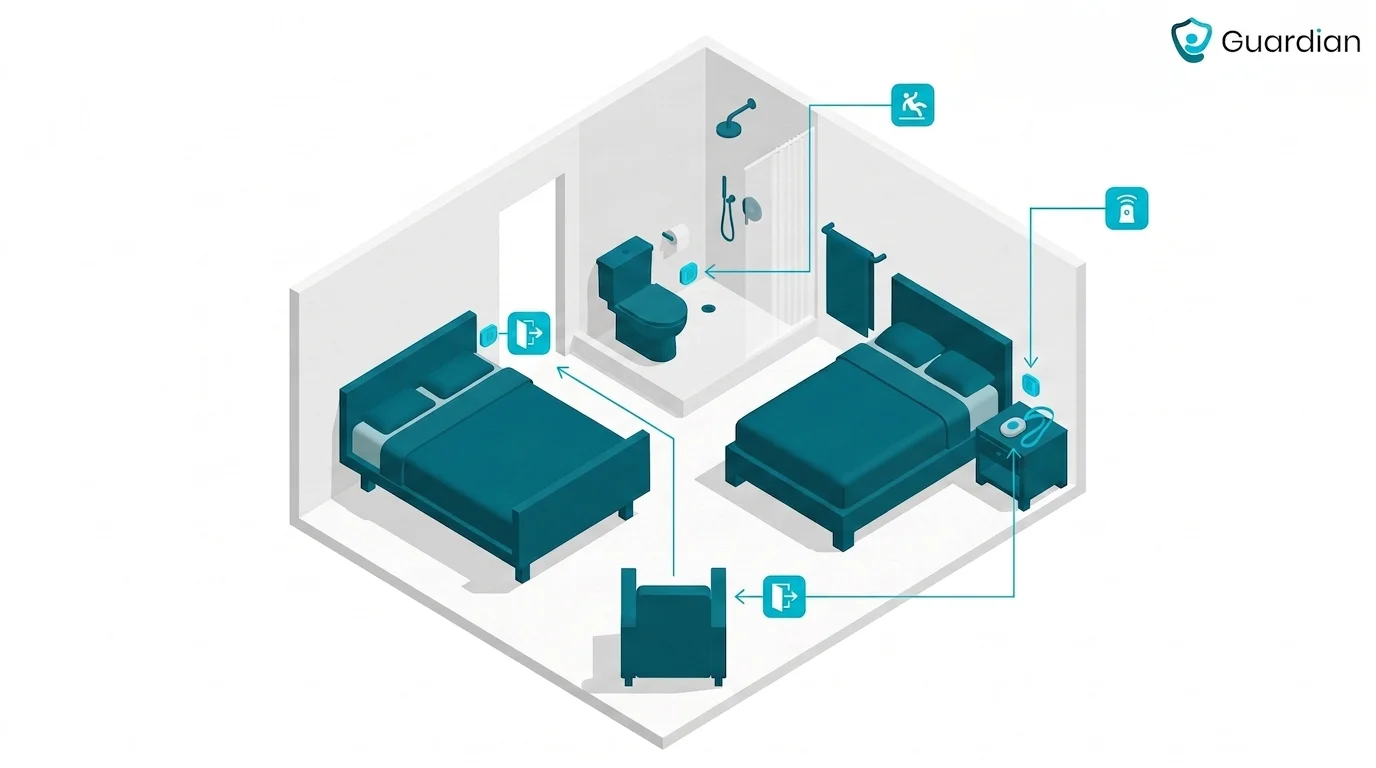 Isometric 3D room diagram showing optimal placement of sensors and call buttons at the bedside, in the bathroom, and a wea...