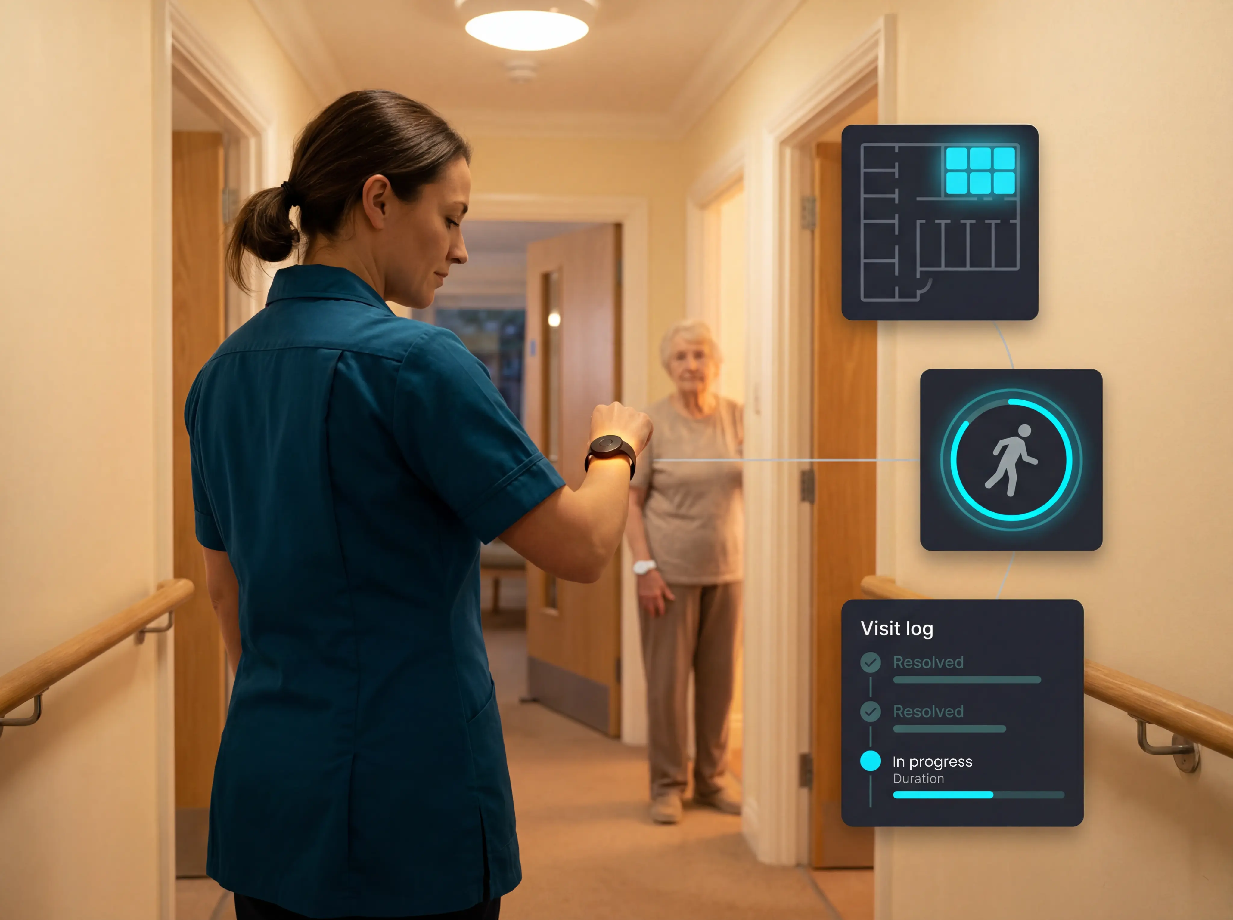 Guardian smart nurse call system showing live floor plan and wearable tracking