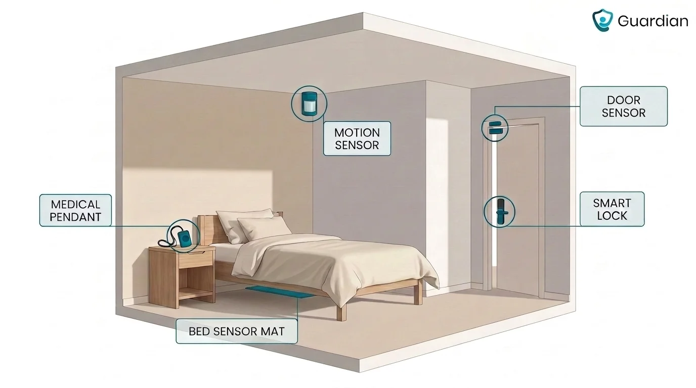 Illustration of a care room showing the placement of a pendant, bed sensor, motion sensor, door sensor, and smart lock
