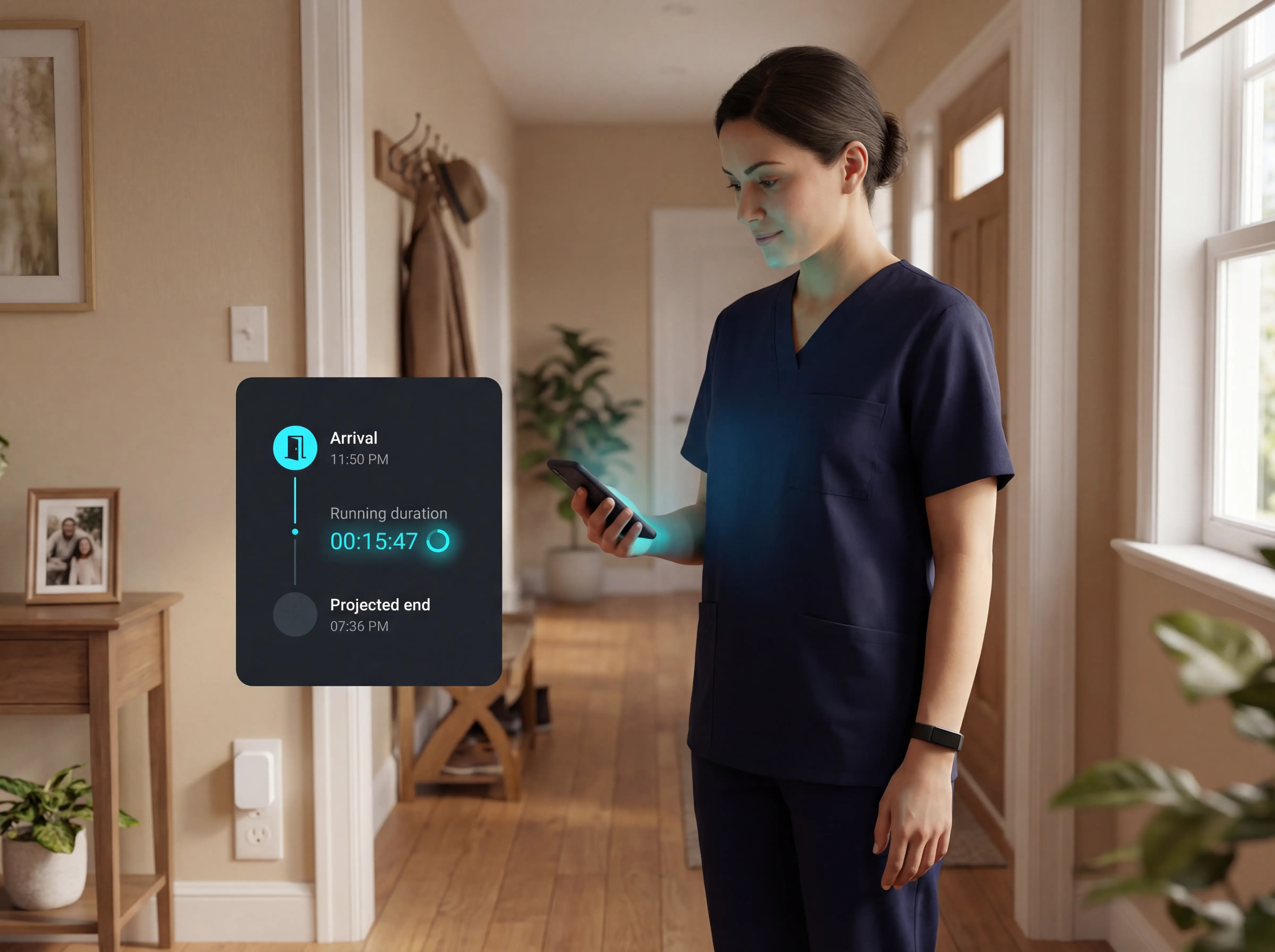 Illustration placeholder: automatic visit report with caregiver arrival, duration, and end time