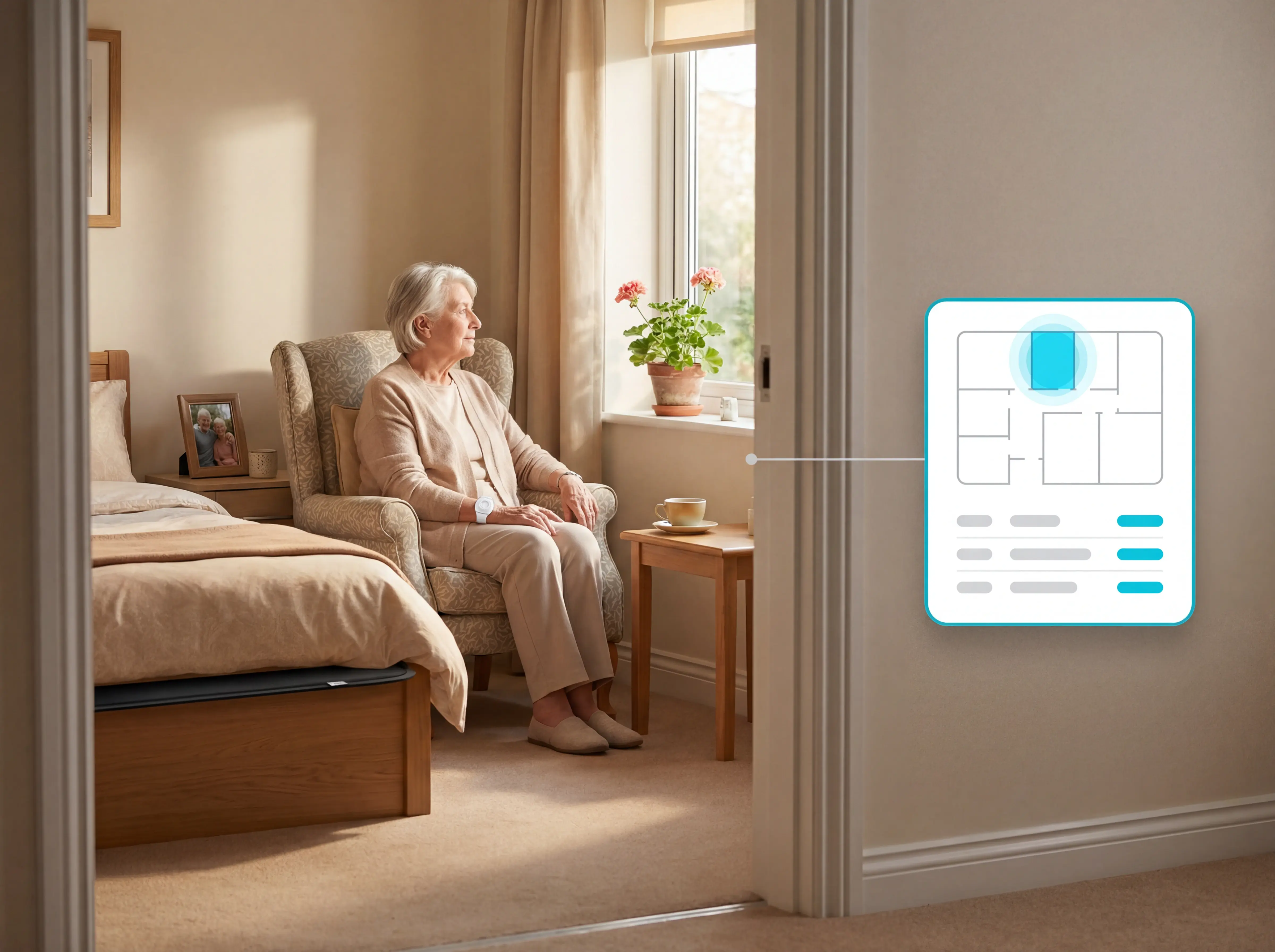 Privacy-focused diagram showing sensor-based bed exit monitoring without cameras