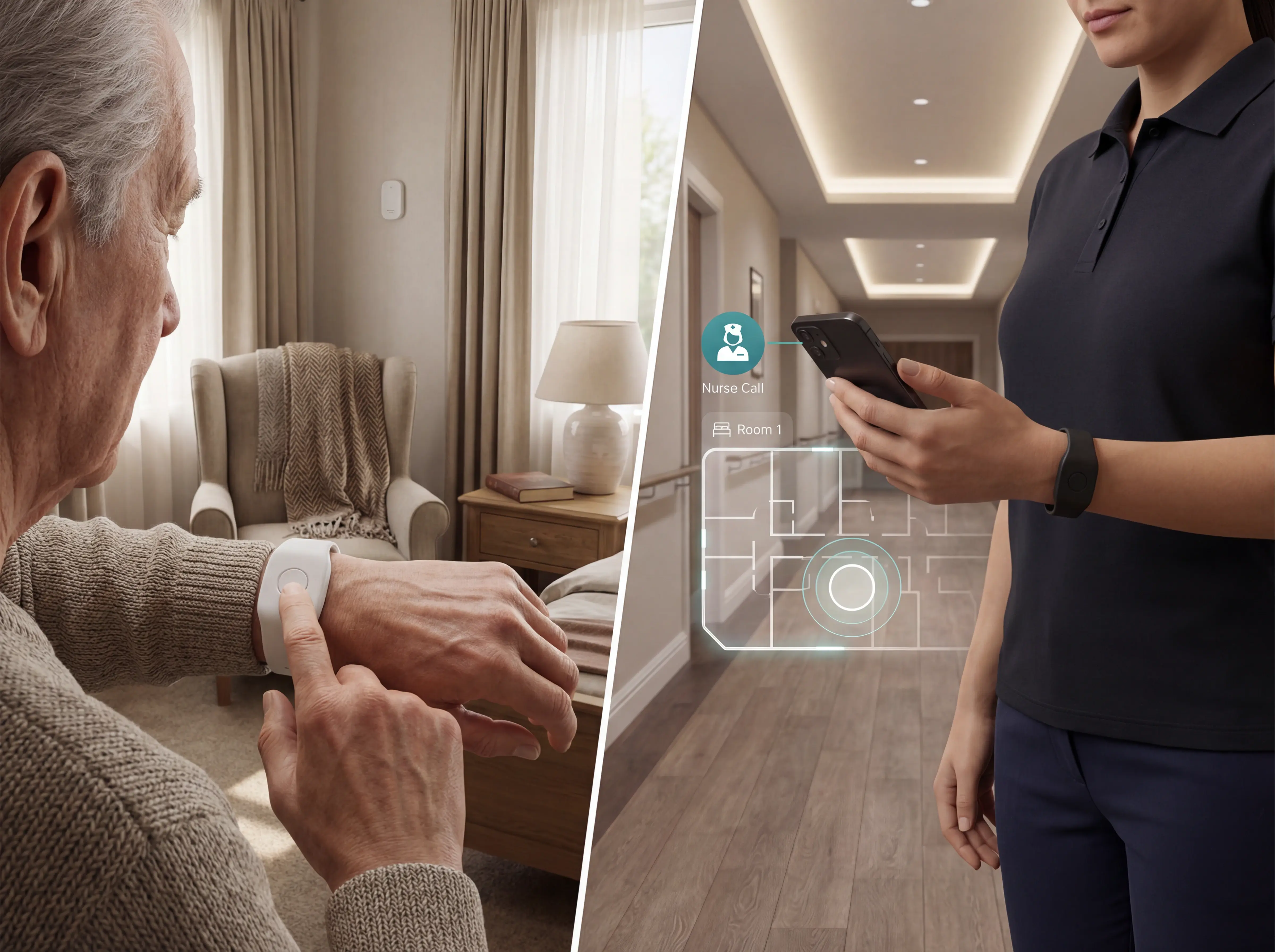 Illustration placeholder: nurse call alert with live location on a phone