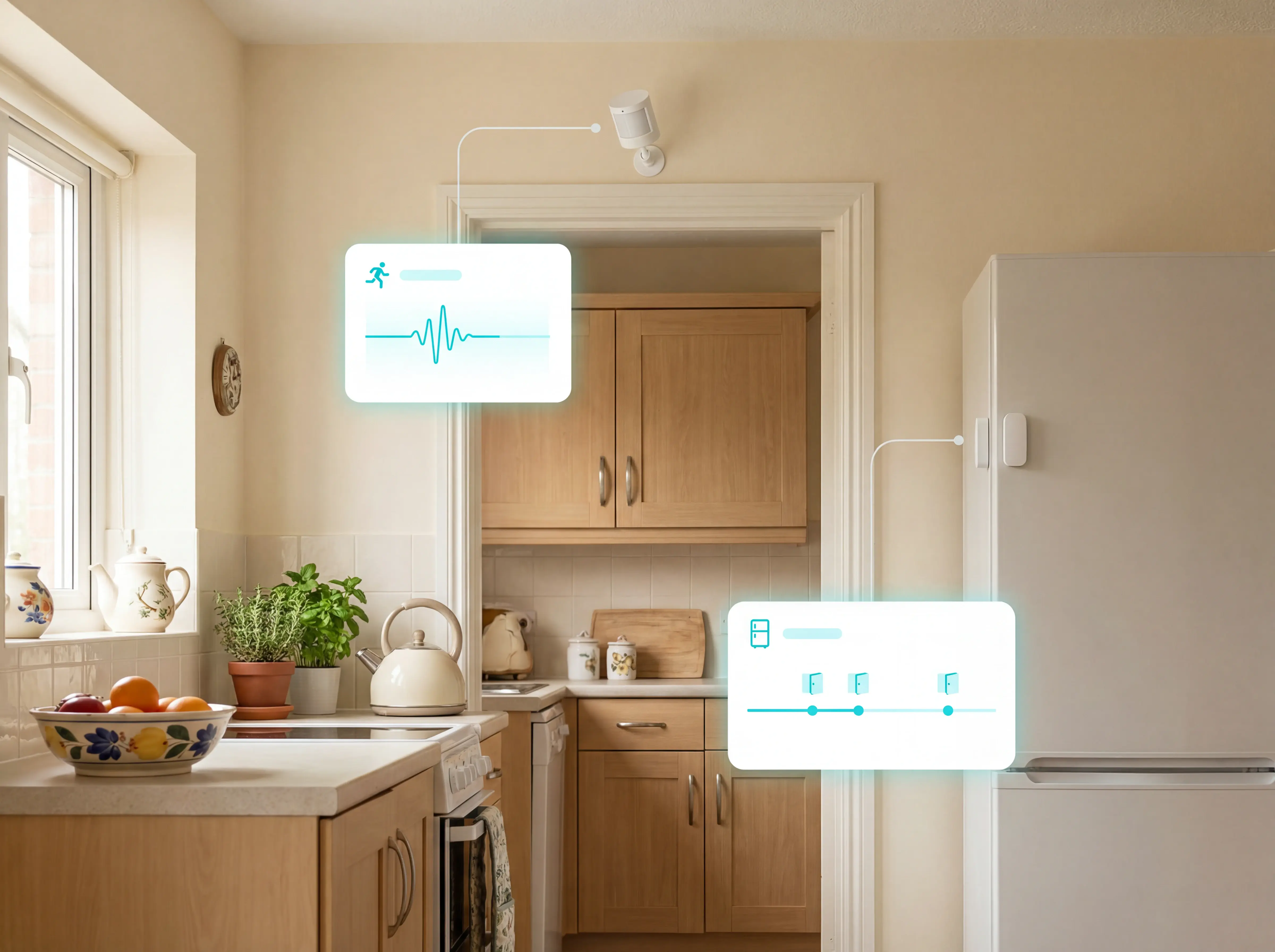 Illustration placeholder: home activity timeline with motion, fridge, and door events