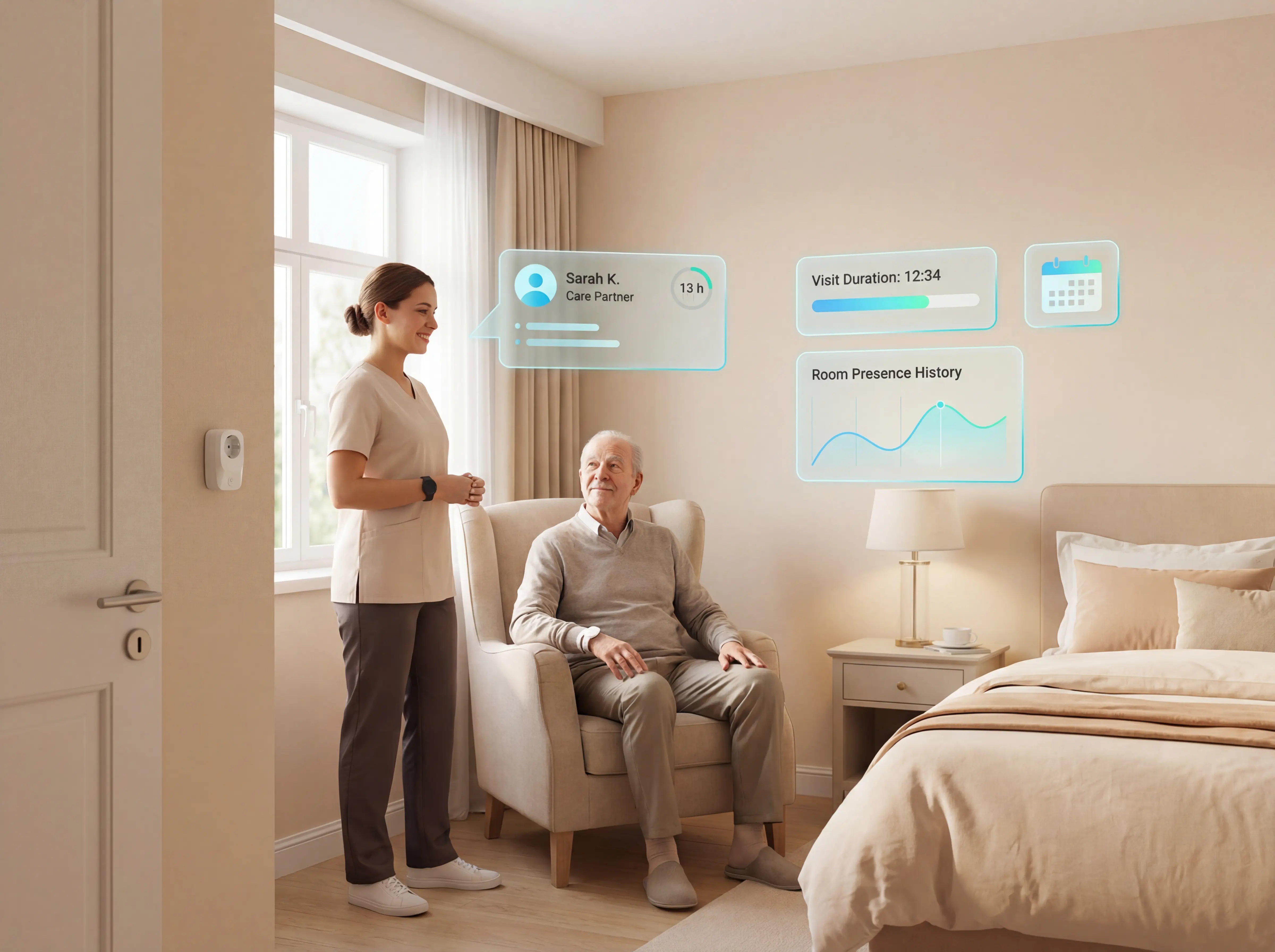 Automated reporting dashboard showing room visits, staff activity, and visit summaries