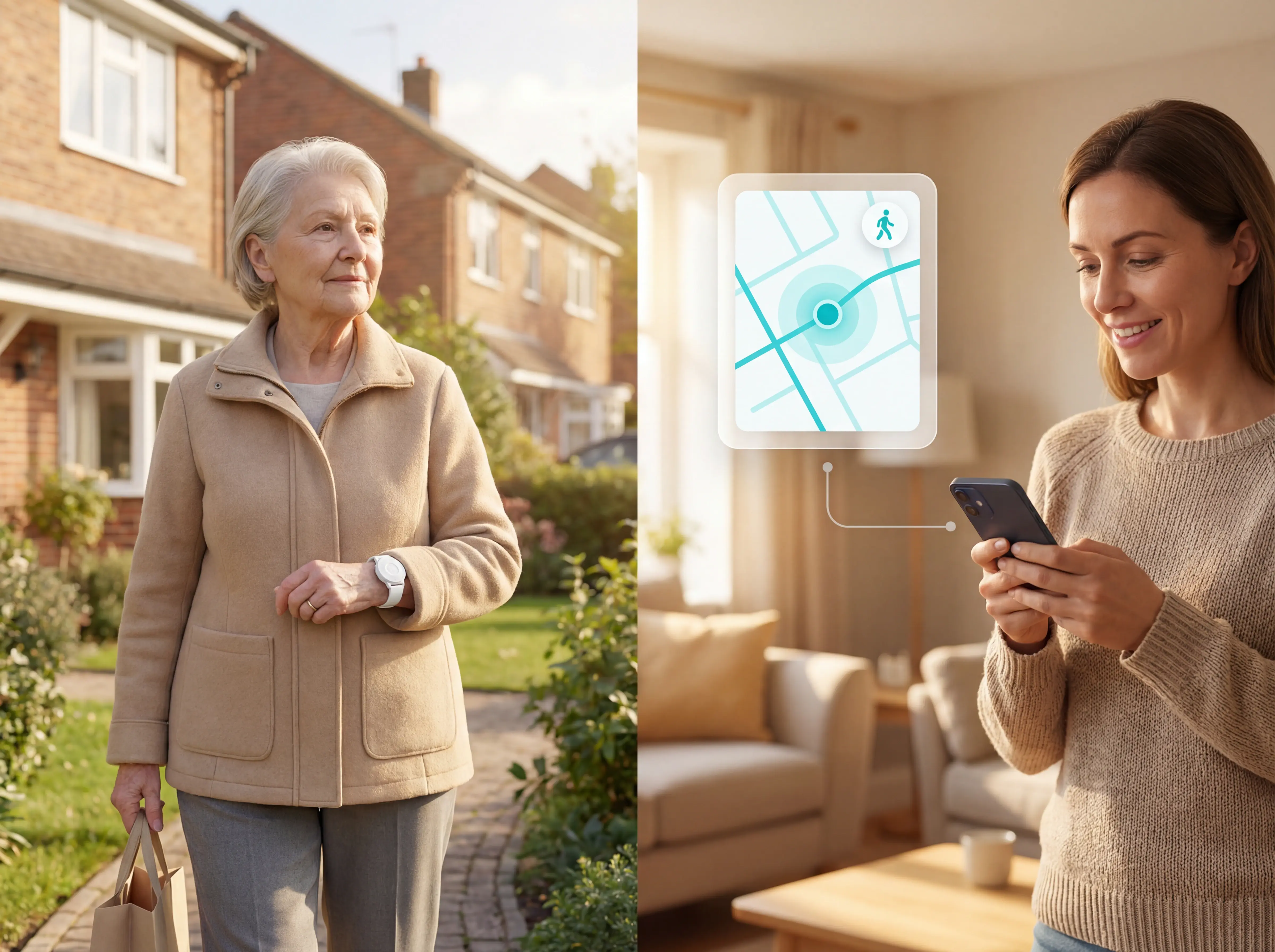 Illustration placeholder: GPS safety watch with live location outside the home