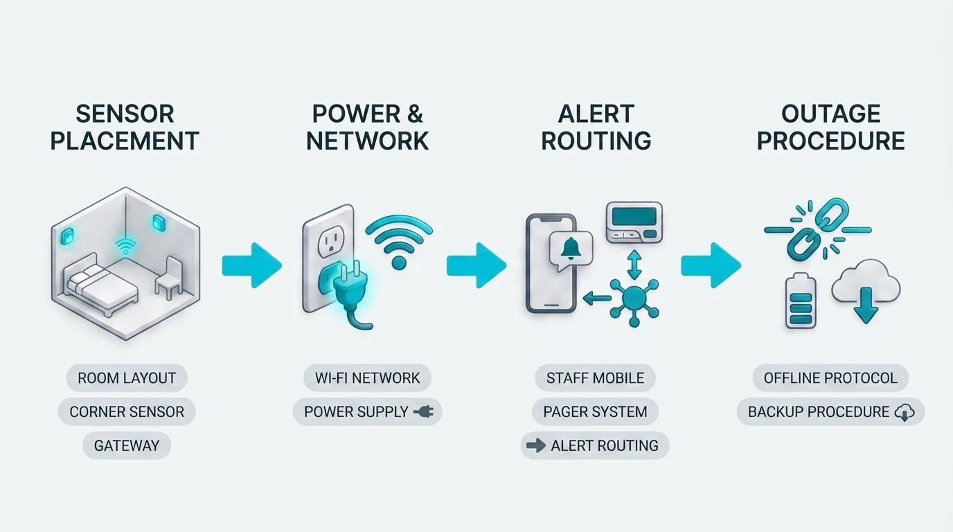 Rollout process diagram detailing sensor placement, power and network requirements, alert routing, and outage procedures