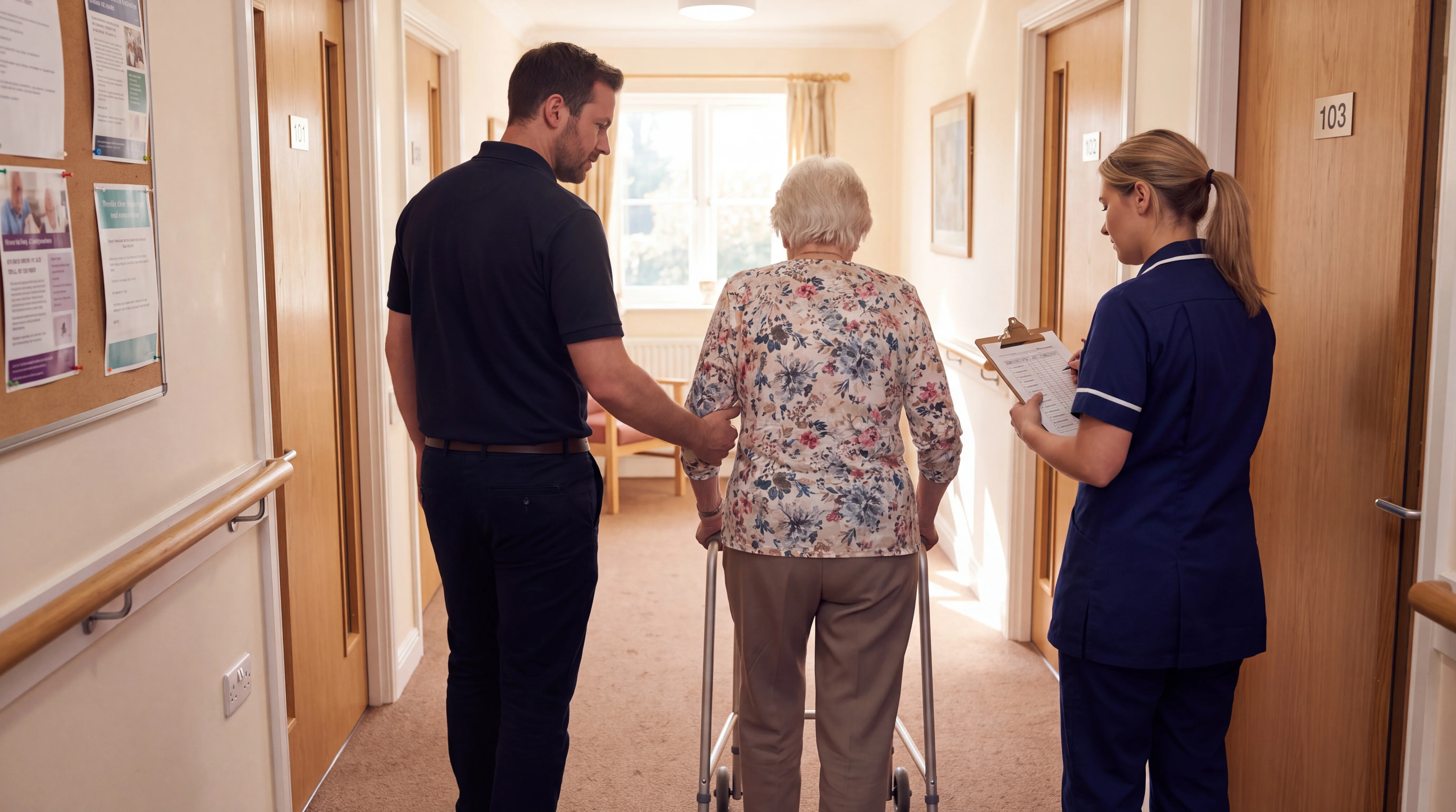 Resident practising supervised walking in a care-home corridor with a physiotherapist, a caregiver holding a walking frame...
