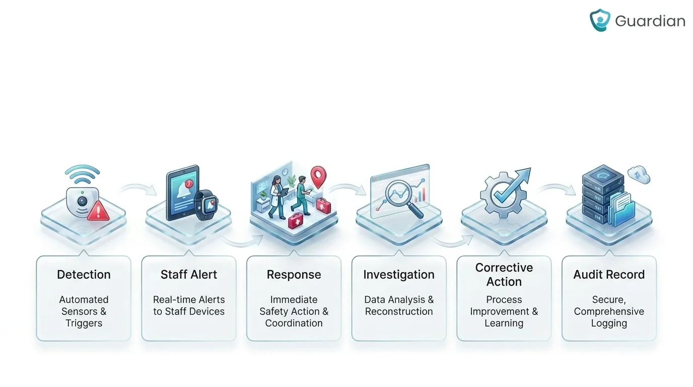 6-step incident reporting workflow showing Detection, Staff Alert, Response, Investigation, Corrective Action, and Audit R...