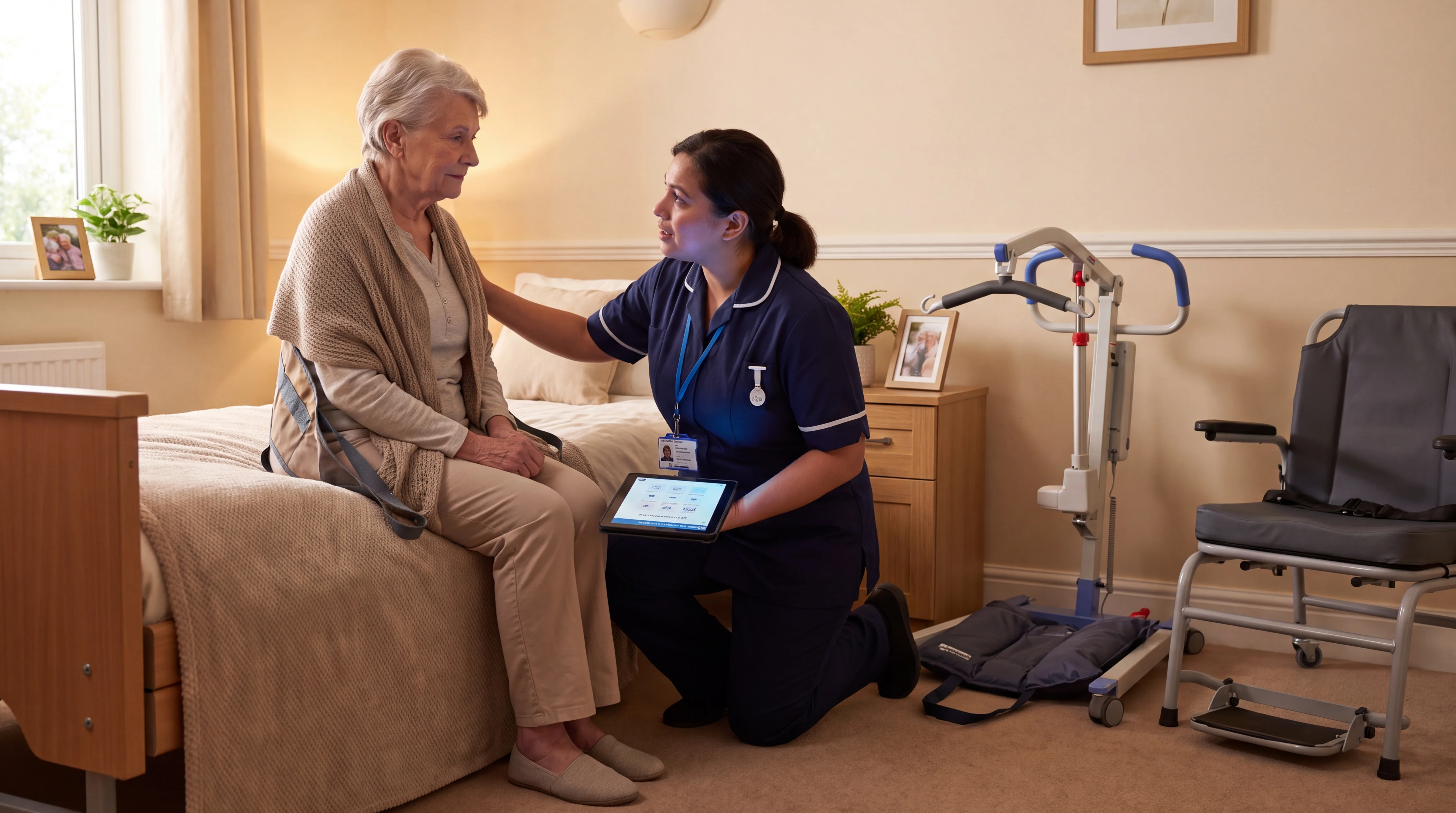 Care-home team assisting a resident from the floor using a mobile floor hoist, inflatable lifting cushion and lifting chai...
