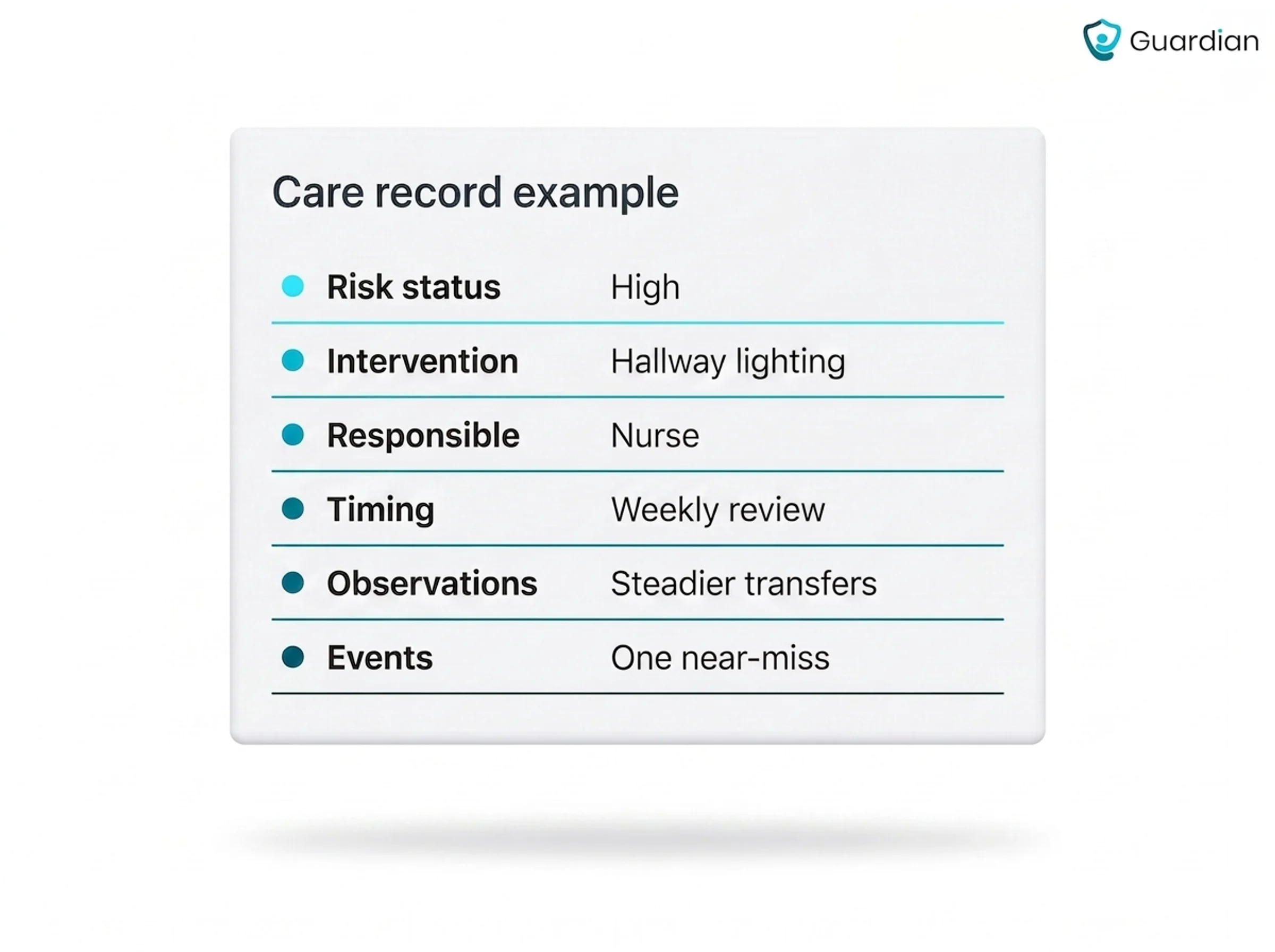 Example fall-prevention care record card with fields for risk status, intervention, responsibility, timing, observations a...