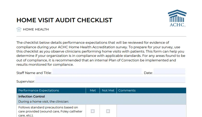 ACHC audit checklist format accreditation checklist structure for standards mapping