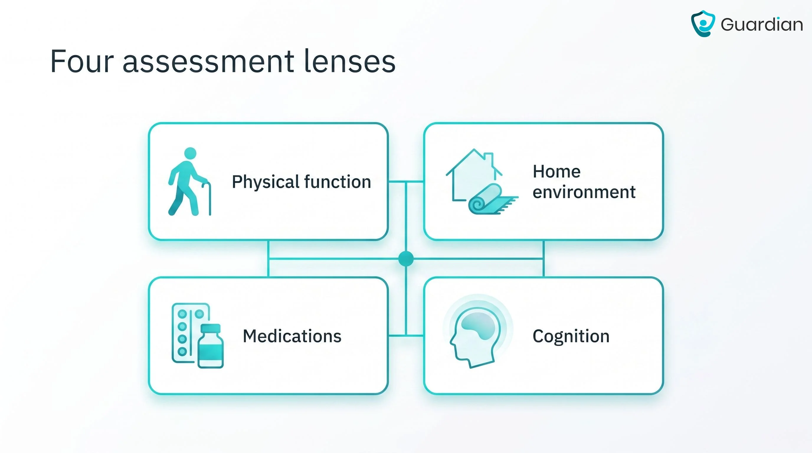 Four-part fall-risk assessment diagram: physical function, home environment, medications, cognition