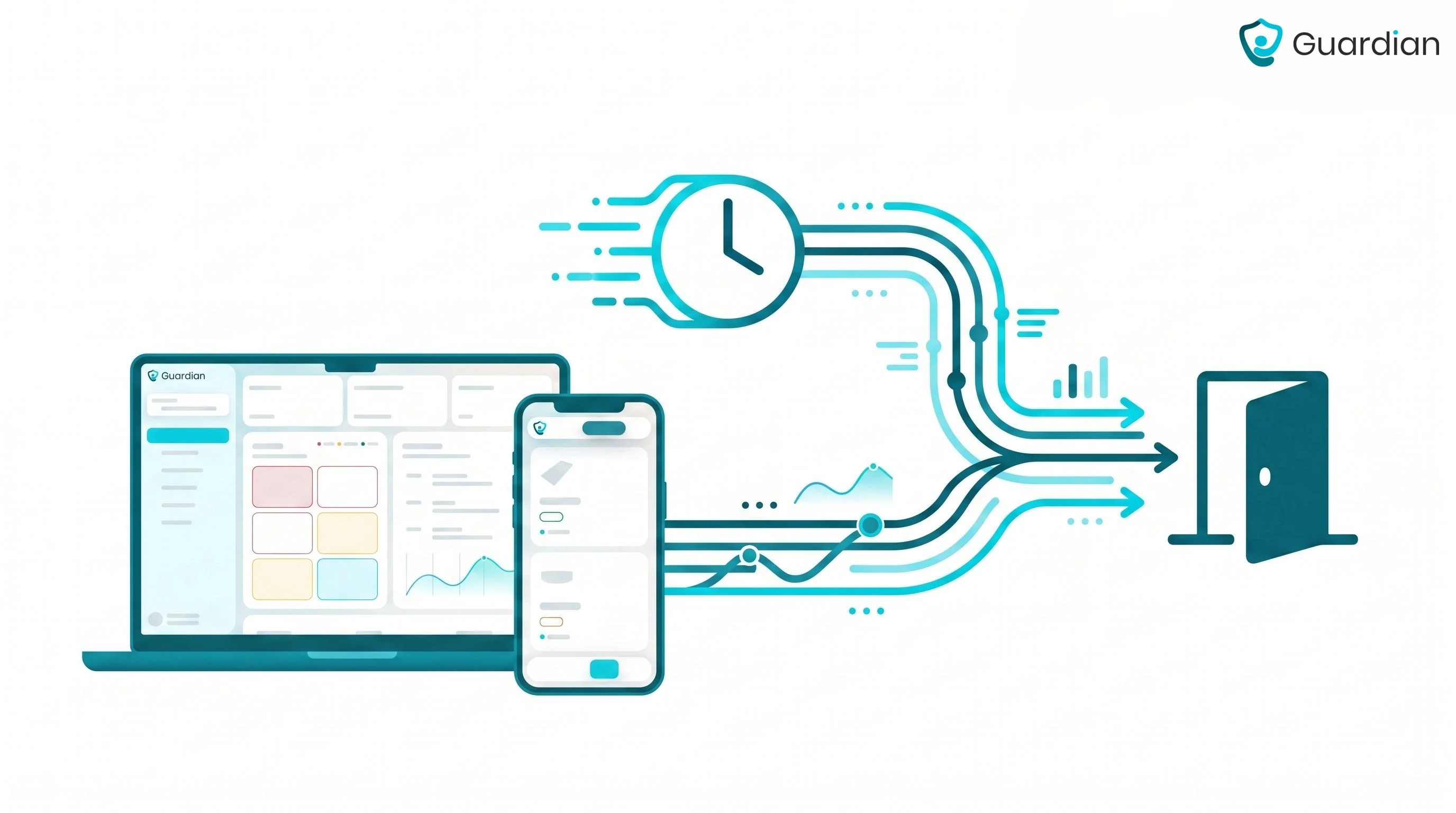 Conceptual illustration showing automated reporting capturing visit duration and room presence.