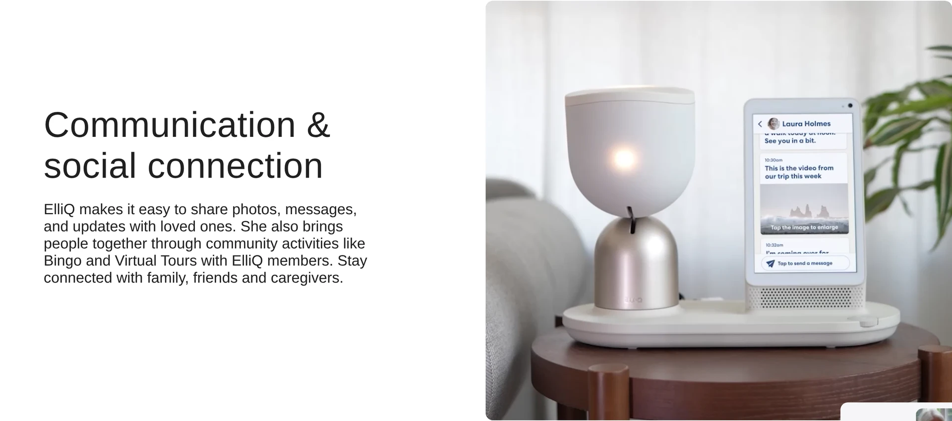 ElliQ companion and family communication ElliQ product page section showing the companion device and family communication experience