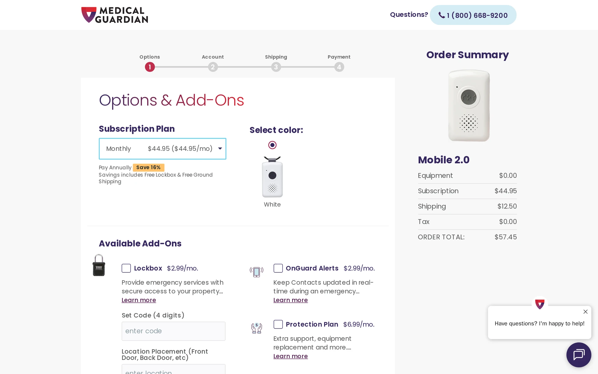 Medical Guardian Mobile GPS product page showing the wearable device and its SOS button