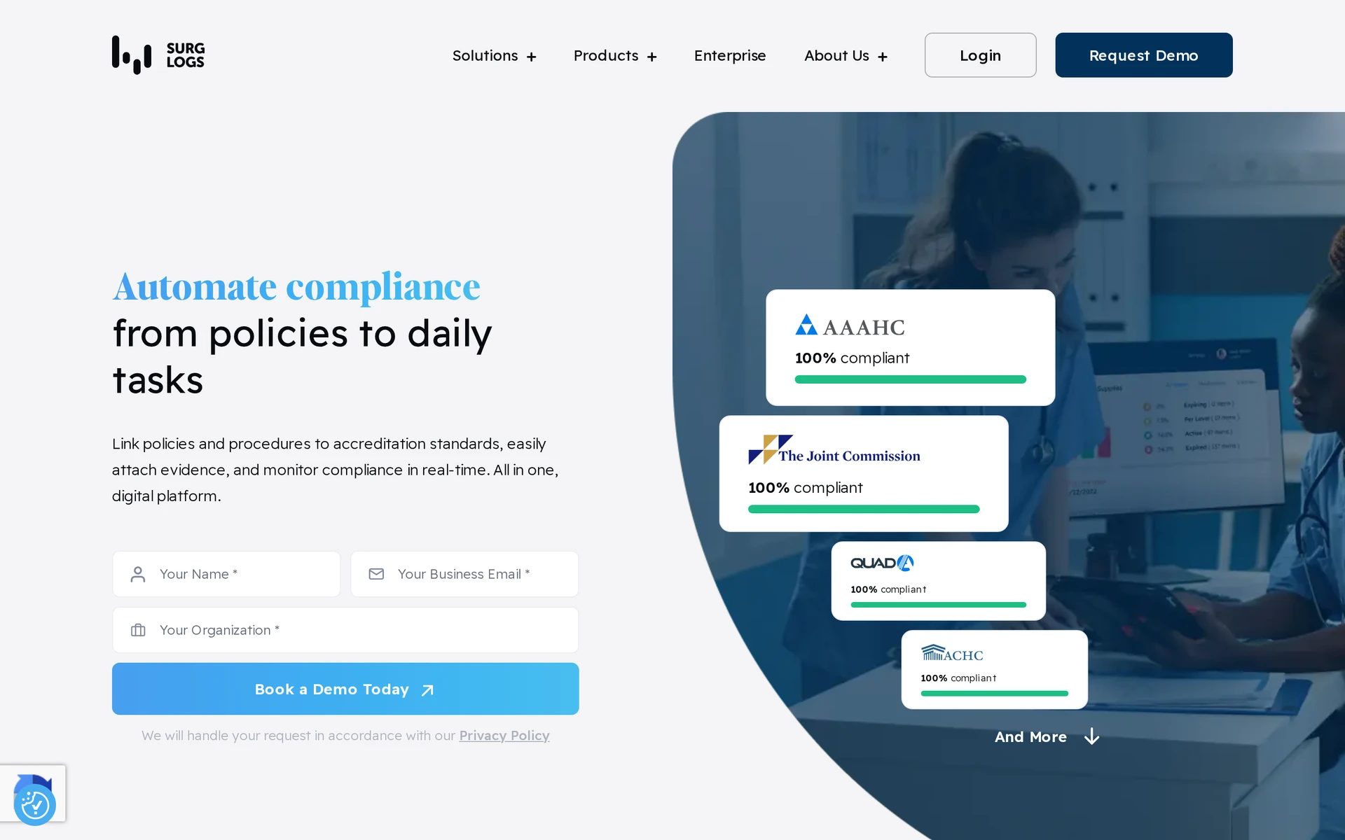 Surg Logs’ digital compliance and accreditation landing page.