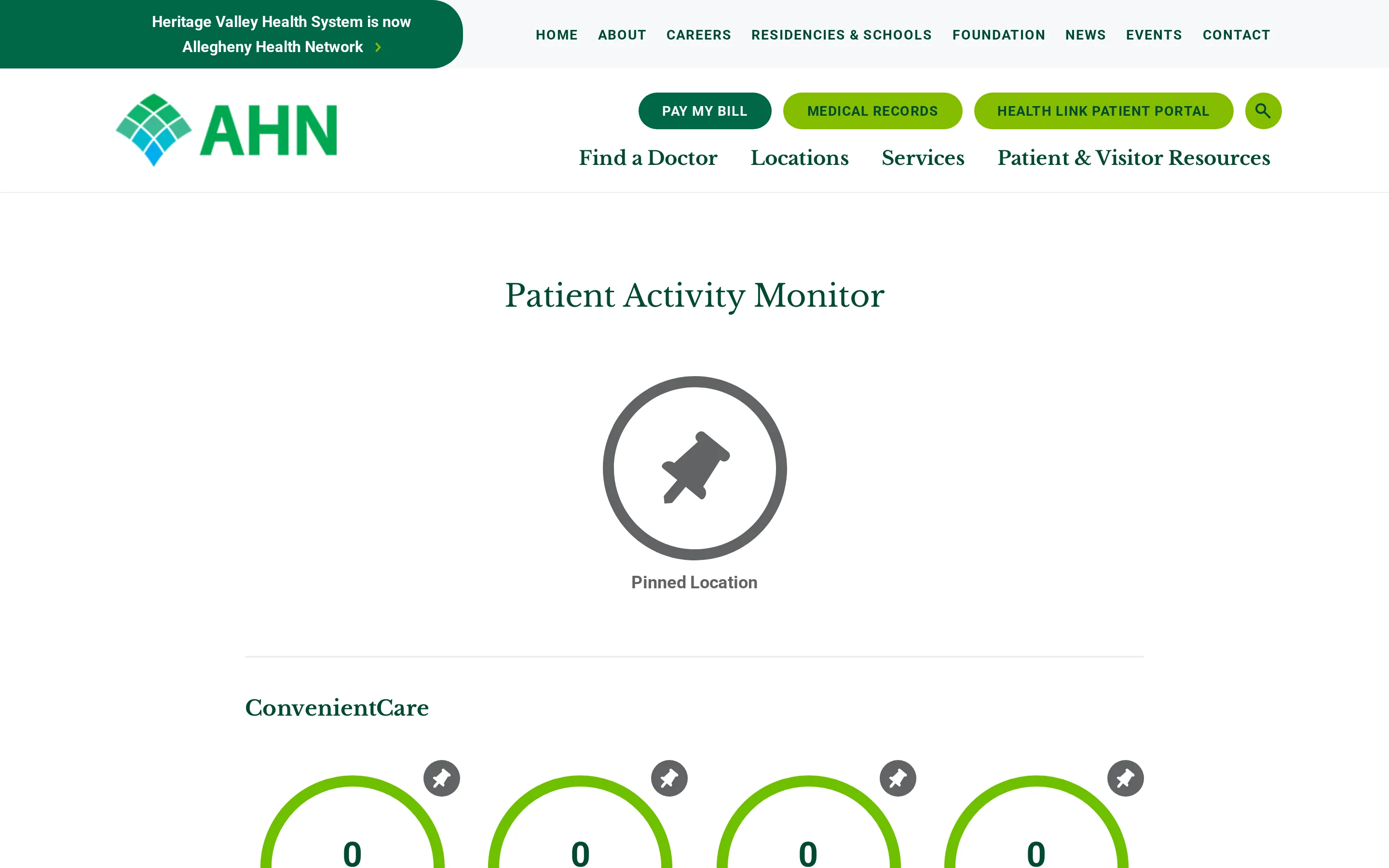 Heritage Valley patient activity monitor dashboard showing hospital location volumes
