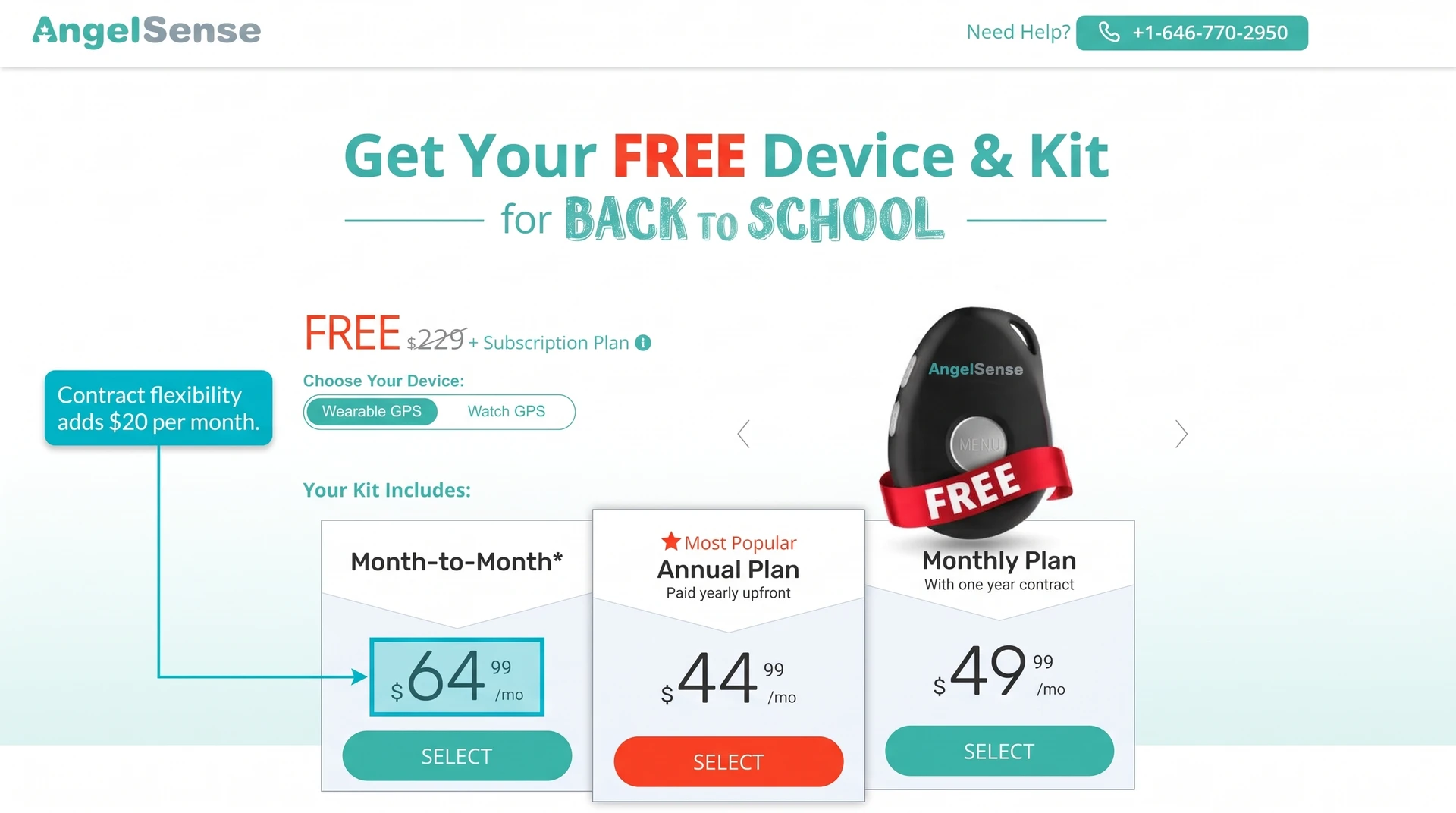 AngelSense GPS pricing options showing annual, contract, and month-to-month service costs
