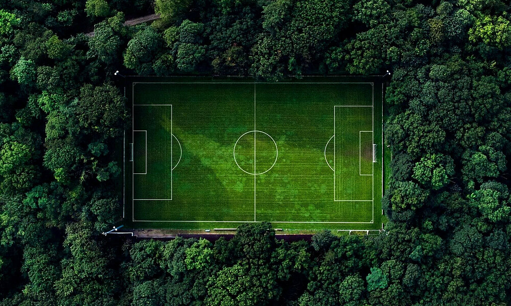 Ein Fußballplatz aus der Vogelperspektive und drumherum Bäume.