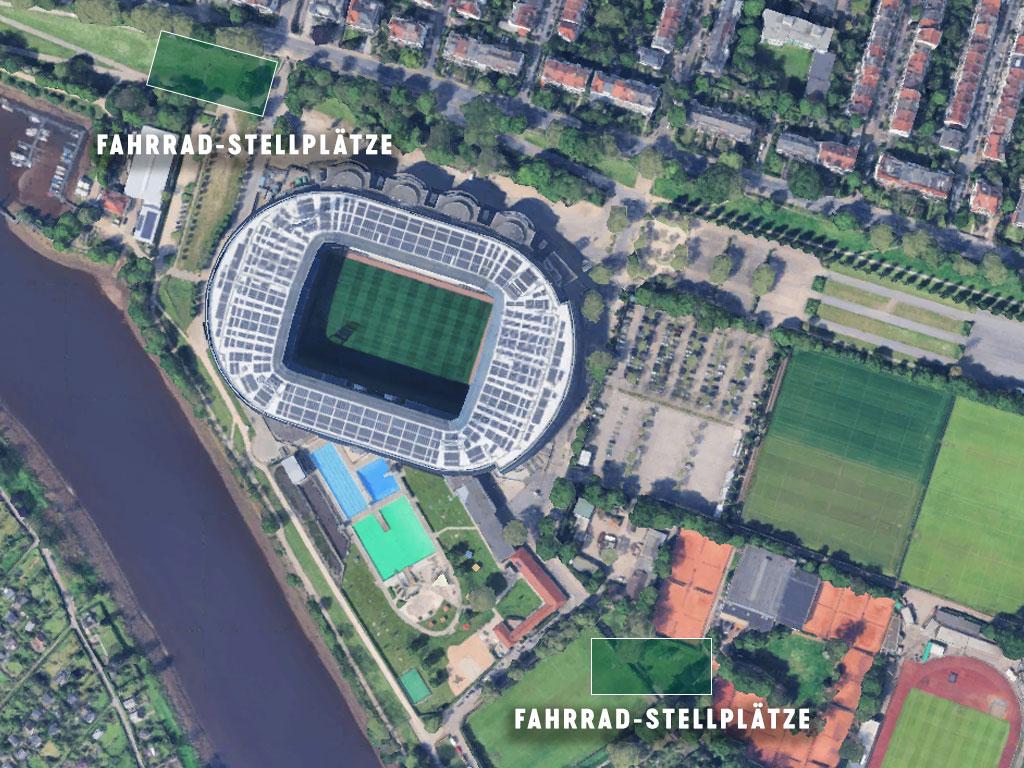 Ein Aufnahme von Oben vom Weserstadion. Dort sind Markierungen zu sehen für Fahrrad-Stellplätze