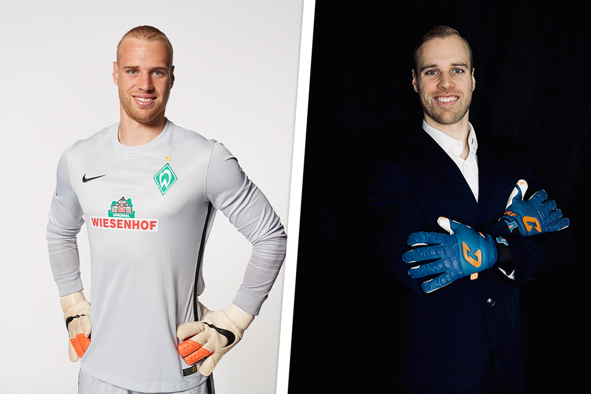 Tom Pachulski auf der linken Seite in Werder-Klamotten und auf der rechten Seite in Arbeitsklamotten.