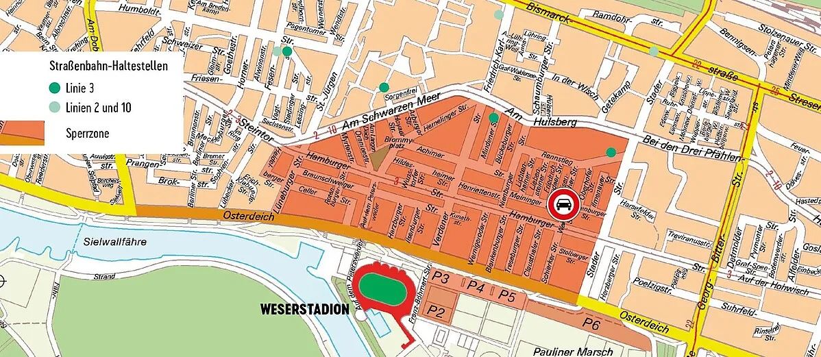 Karte mit den Straßen rund um das Weserstadion. Hervorgehoben sind die Straßenbahnlinien 1, 2 und 10, mit einer markierten Sperrzone und nahegelegenen Parkplätzen.