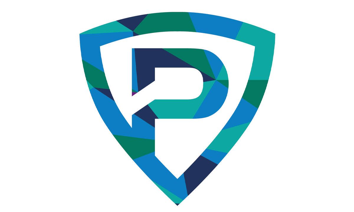 Stilisiertes „P“-Logo in einem blau-grünen geometrischen Schild.