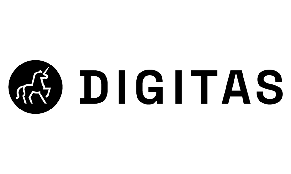 Schwarzes Digitas-Logo mit einem stilisierten Einhorn in einem Kreis links neben dem Text.