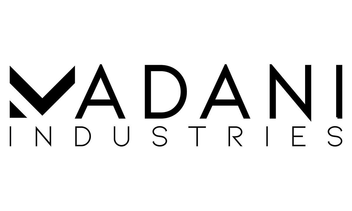 Schwarzes Textlogo mit der Aufschrift „MADANI INDUSTRIES“ auf weißem Hintergrund, mit einem stilisierten „M“ in „MADANI“.