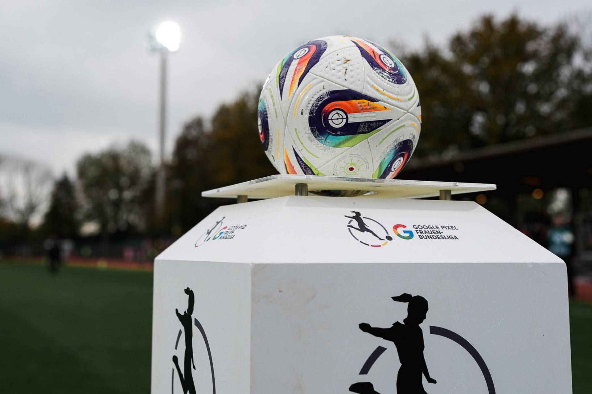 Ein Ball liegt auf einer Ballstehle. Im Hintergrund ist die Tribüne auf Platz 11.