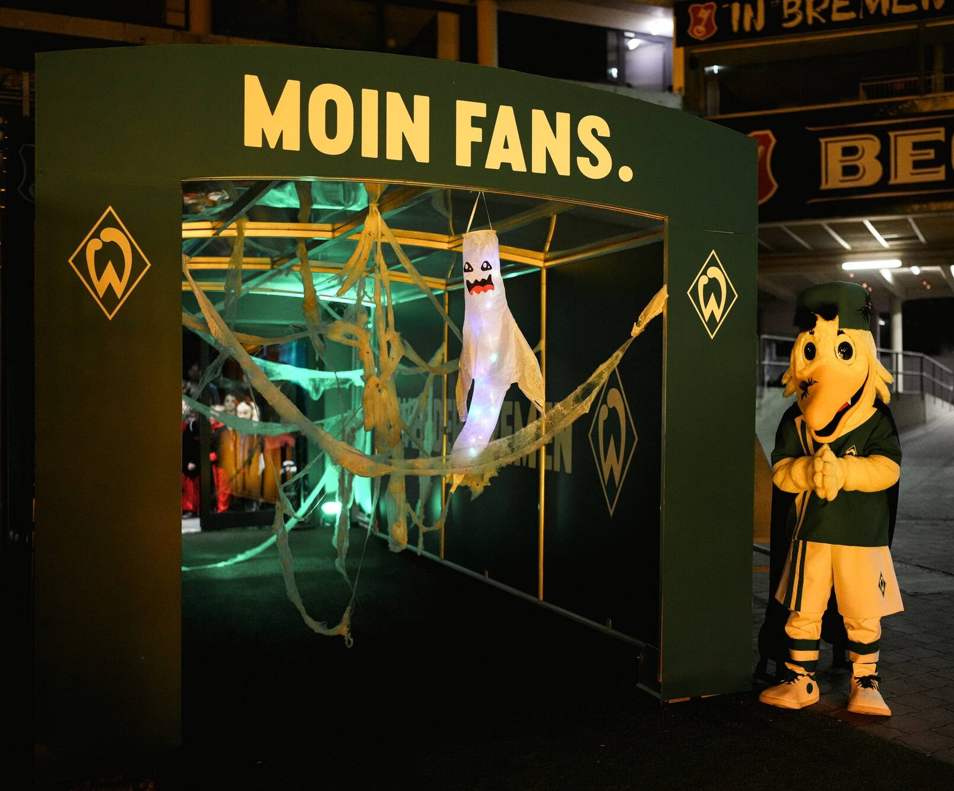 Möwe Toni steht am Spielertunnel. Das Setting ist an Halloween angelehnt.