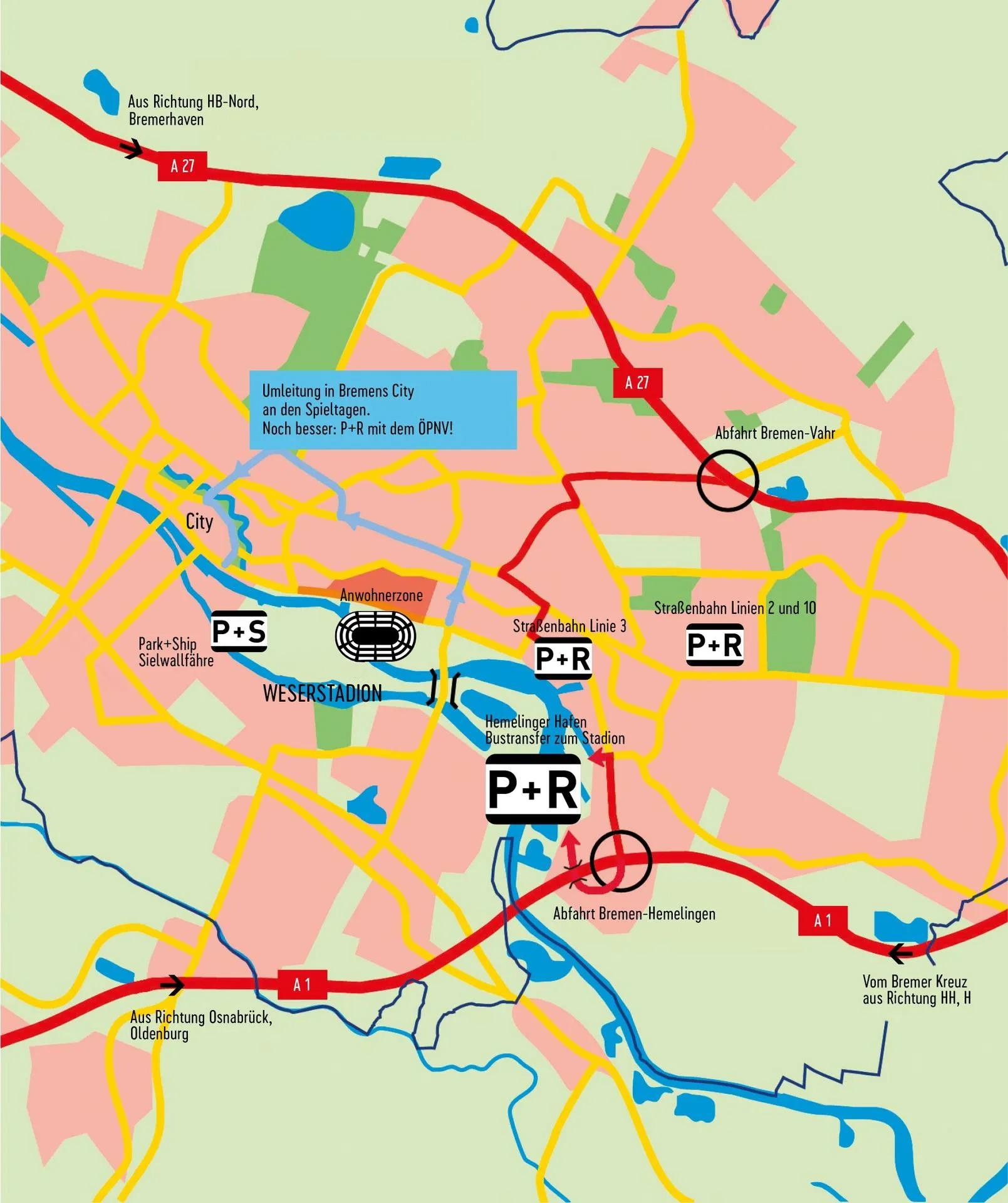 Farbenfrohe Karte von Bremen mit Straßen, Autobahnen A1 und A27 sowie den Parkplätzen (P+R, P+S) im Stadtgebiet sowie am Weserstadion.