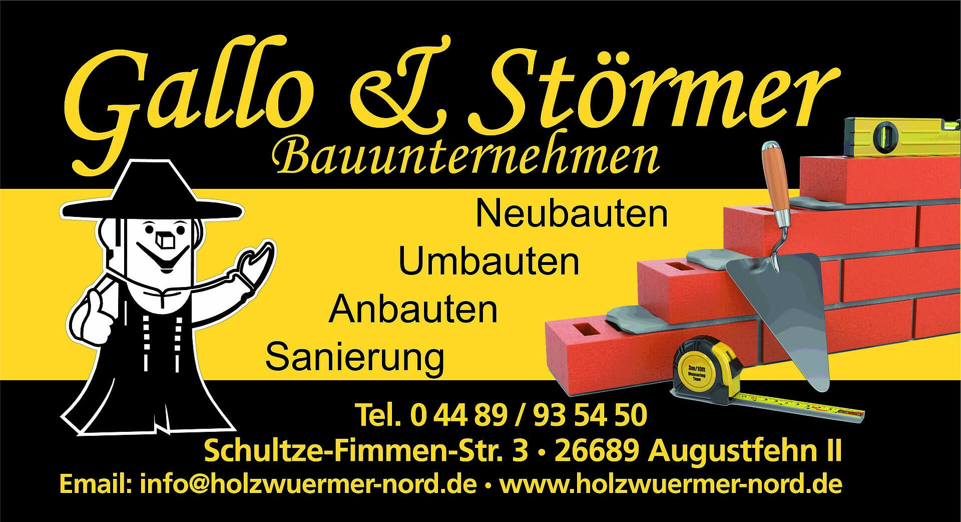 Visitenkarte für Gallo & Störmer Bauunternehmen mit Cartoon-Bauarbeiter, Ziegelsteinen und Werkzeugen. Kontaktdaten und Dienstleistungen sind aufgeführt.