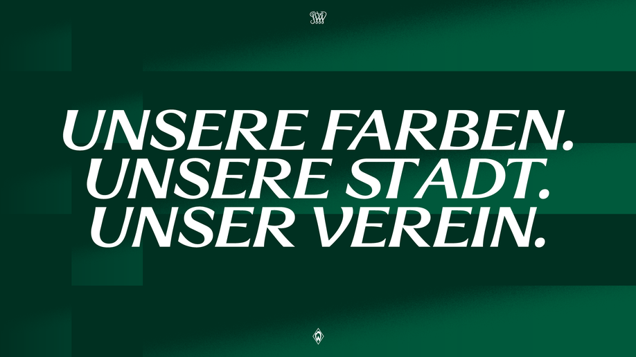 Der Text „UNSERE FARBEN. UNSERE STADT. UNSER VEREIN.“ auf grünem Hintergrund mit Farbverlauf und dezentem Logo oben und unten.