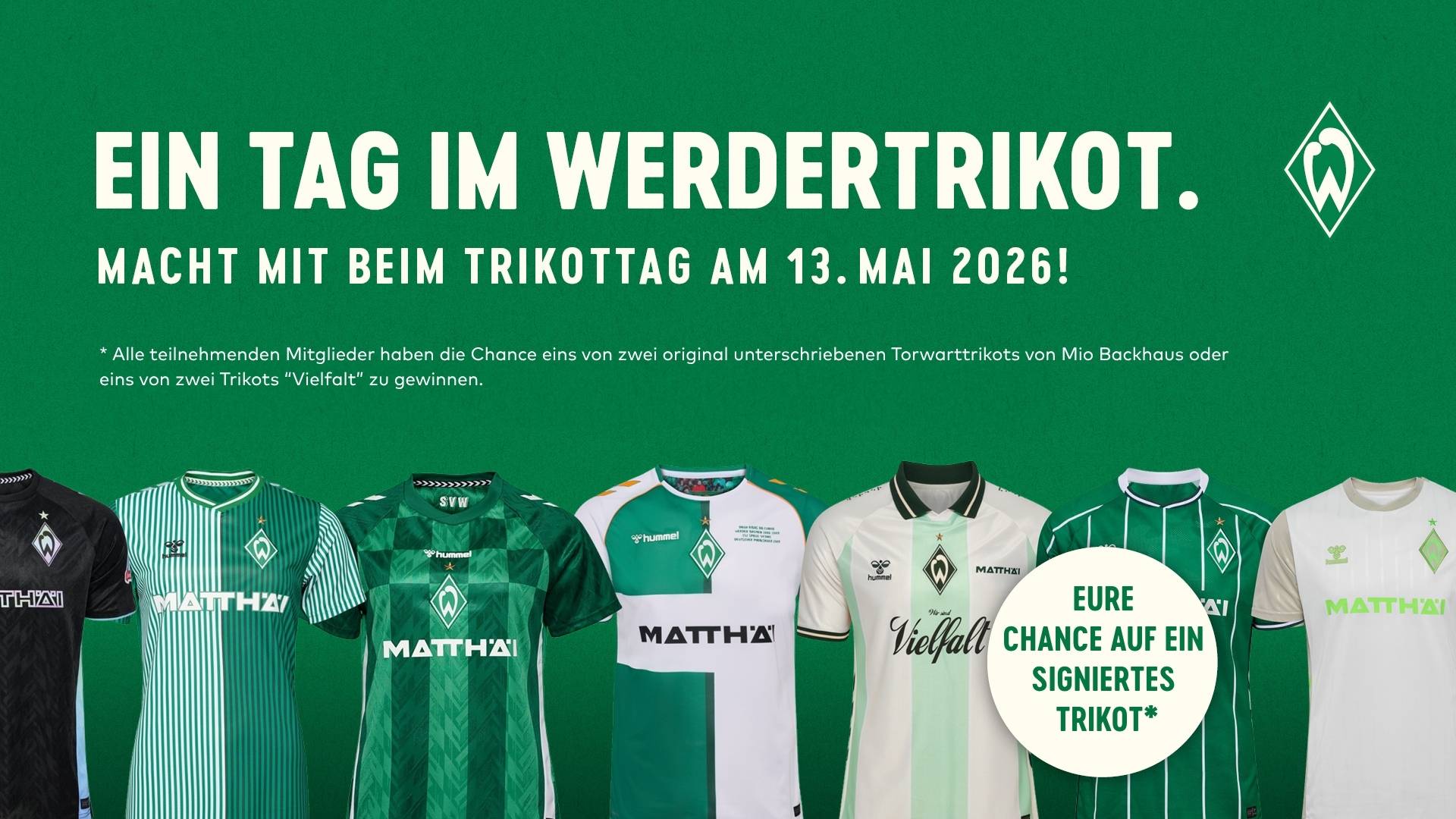 Werbeplakat mit Trikots von Werder Bremen, das den „Trikottag“ am 13. Mai ankündigt und die Chance auf den Gewinn von signierten Trikots bietet.