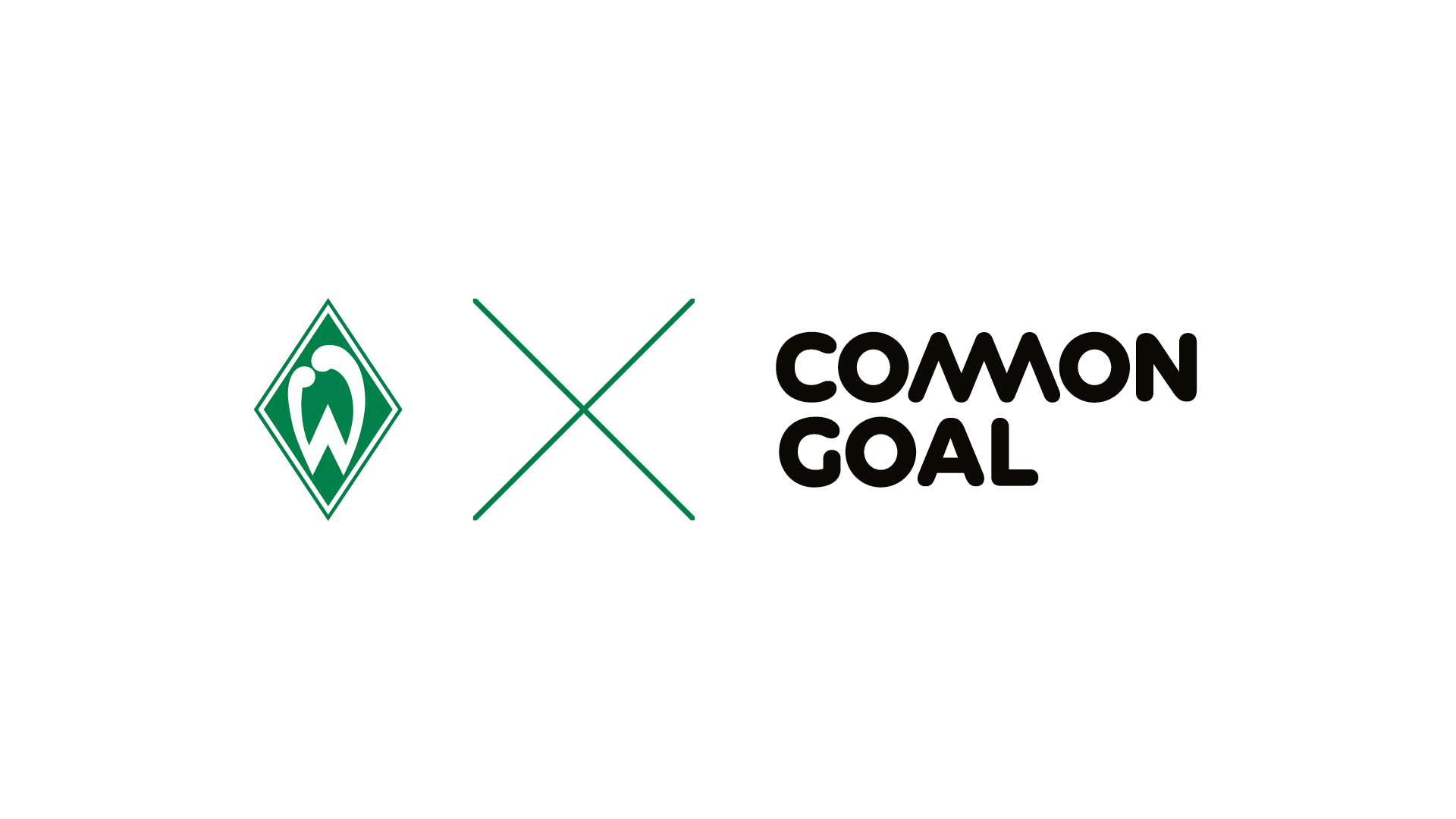 Das Logo von Werder Bremen neben einem grünen „X“ und dem Common Goal-Logo auf weißem Hintergrund.