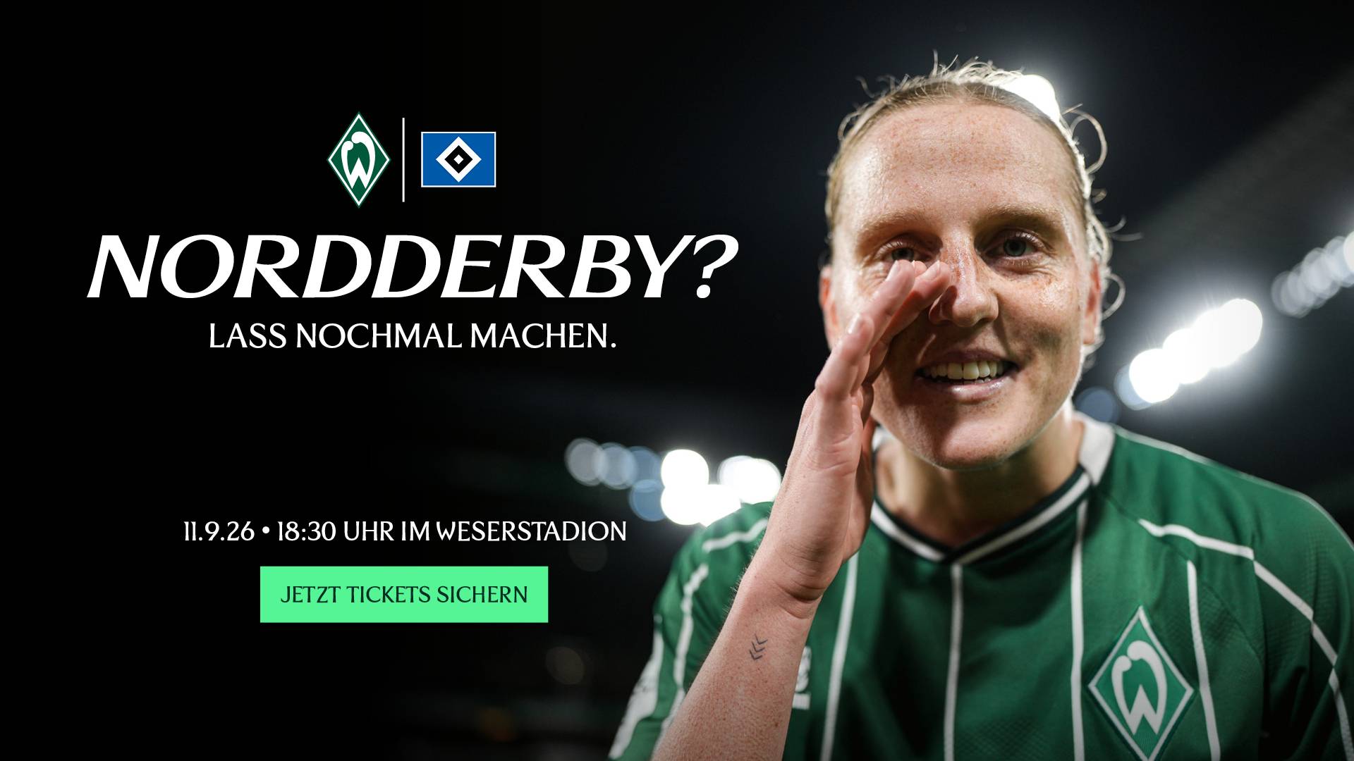 Lina Hausicke im grünen Trikot lächelt und hält sich die Hand vor das Gesicht. Text: „Nordderby? Das machen wir noch mal. 11.9.26 – 18:30 Uhr im Weserstadion. Jetzt Tickets sichern.“